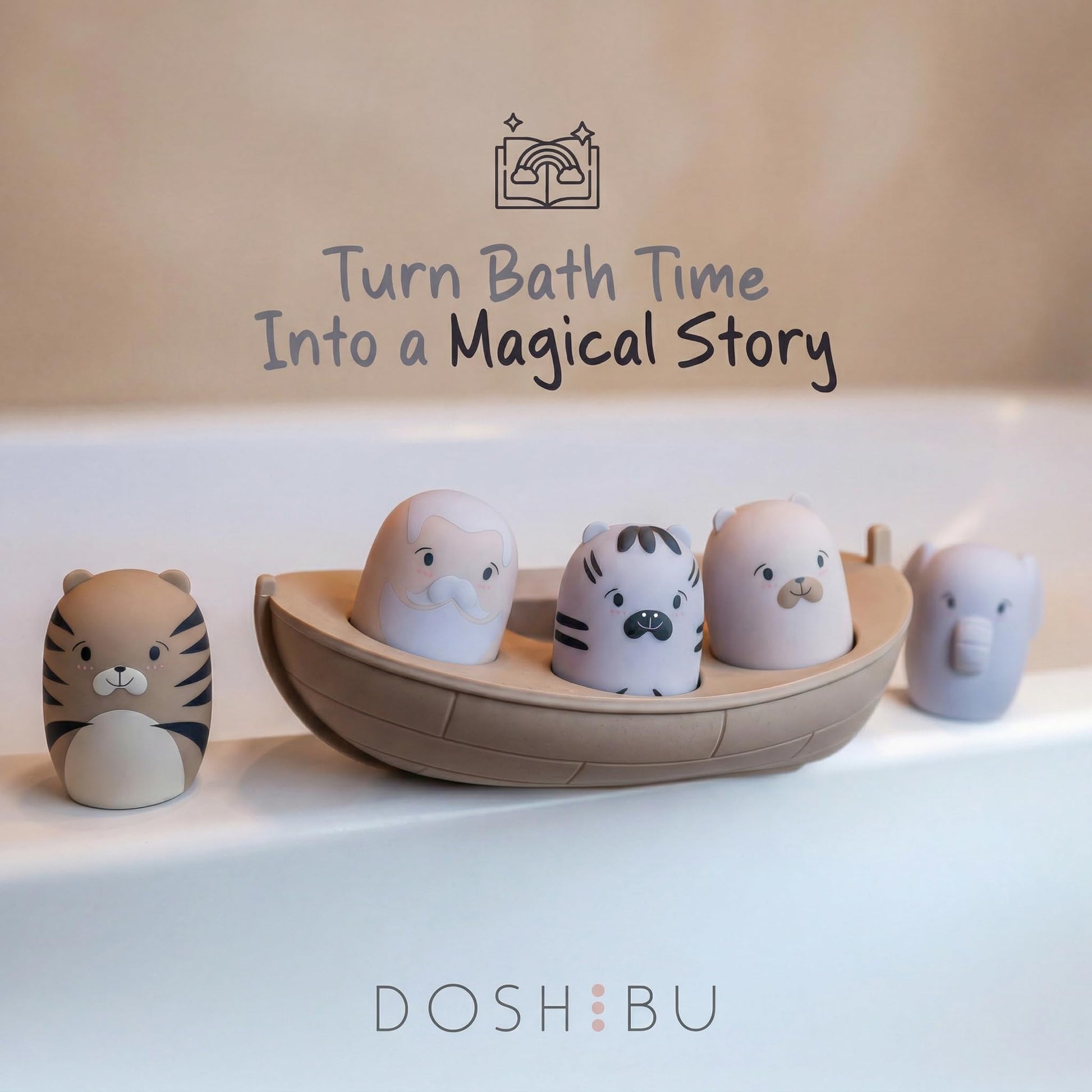 Noah's Ark Silicone Floating Bath Toy Set for Toddlers 18M+ Includes 7 Pieces Boat Animals and Waterproof Bible Storybook Educational Sensory Learning
