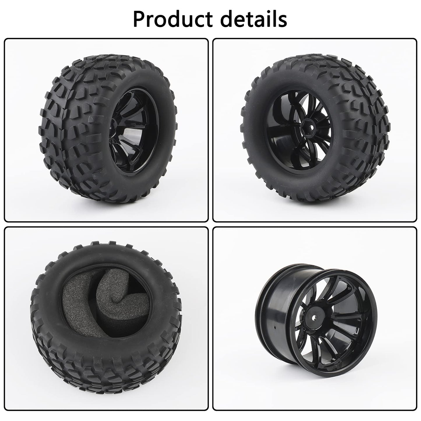 4X RC 1/10 Scale Monster Truck Tires Gravel Tread w/ 5 Spokes Wheel Rim