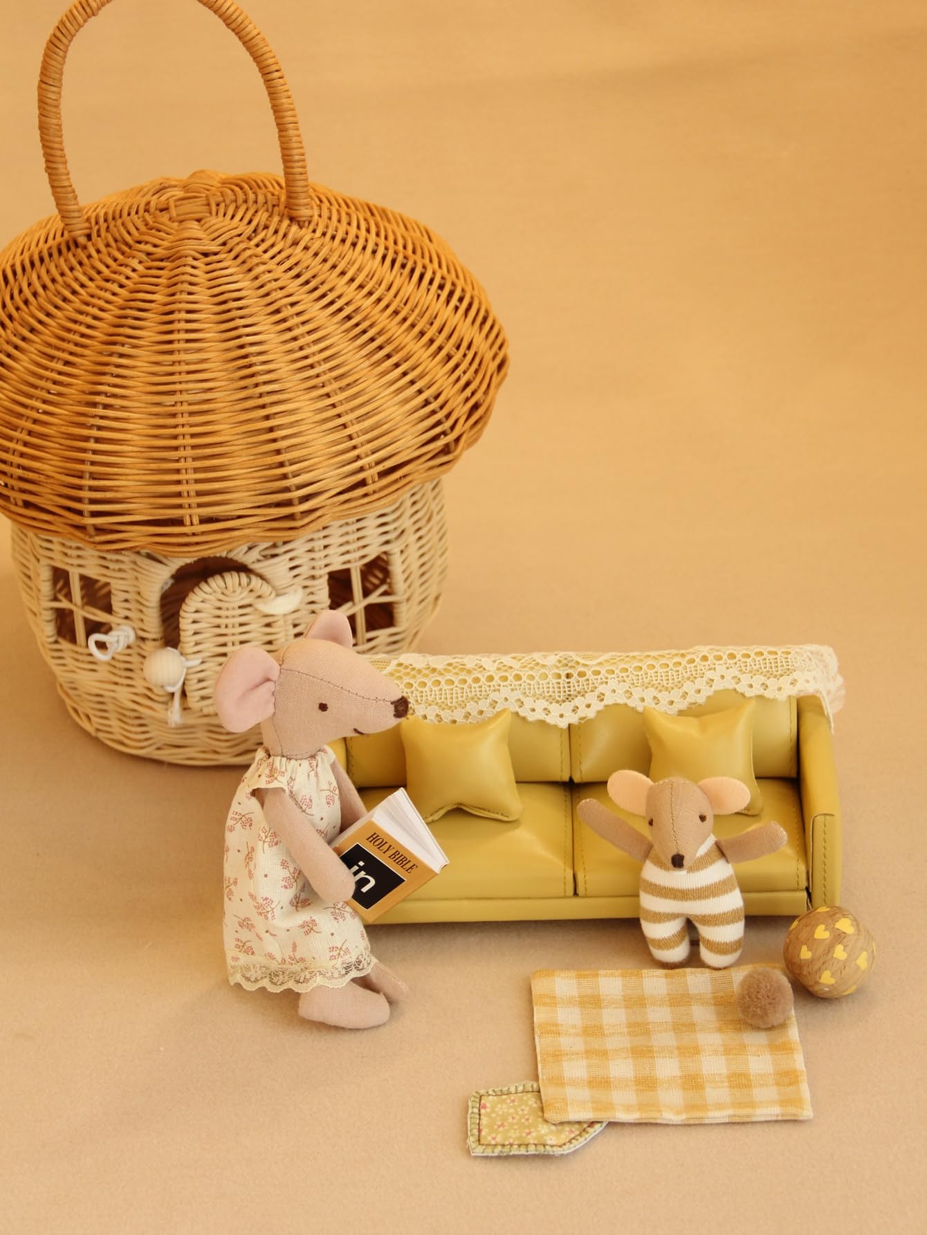 Funky Mini House Miniature Dollhouse Leather Couch -1:12 Scale Mini Sofa Furniture Set with Cushions Fit 3 to 6 inches Doll Figure 1/12 Scale