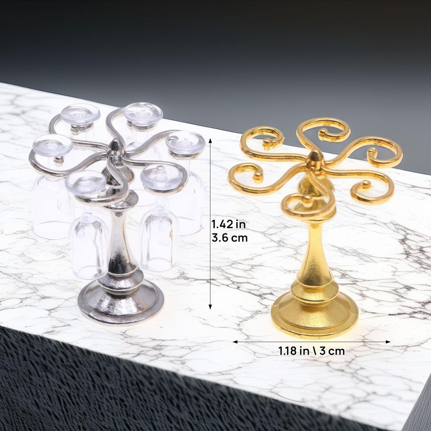 1:12 Scale Miniature Wine Glass Set with Metal Rack (Gold/Silver), 6 Clear Goblets, Elegant Dollhouse Dining Room & Bar Accessory for Collectors