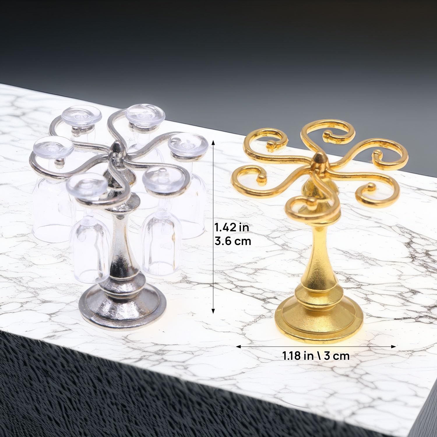 1:12 Scale Miniature Wine Glass Set with Metal Rack (Gold/Silver), 6 Clear Goblets, Elegant Dollhouse Dining Room & Bar Accessory for Collectors