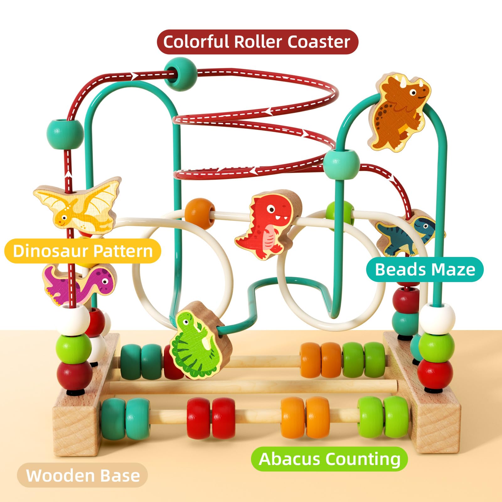 edutree Wooden Bead Maze Roller Coaster Toys for Toddlers, Dinosaur Colorful Shape Montessori Toys for 2-3 Year Old, Educational Learning Counting Toy