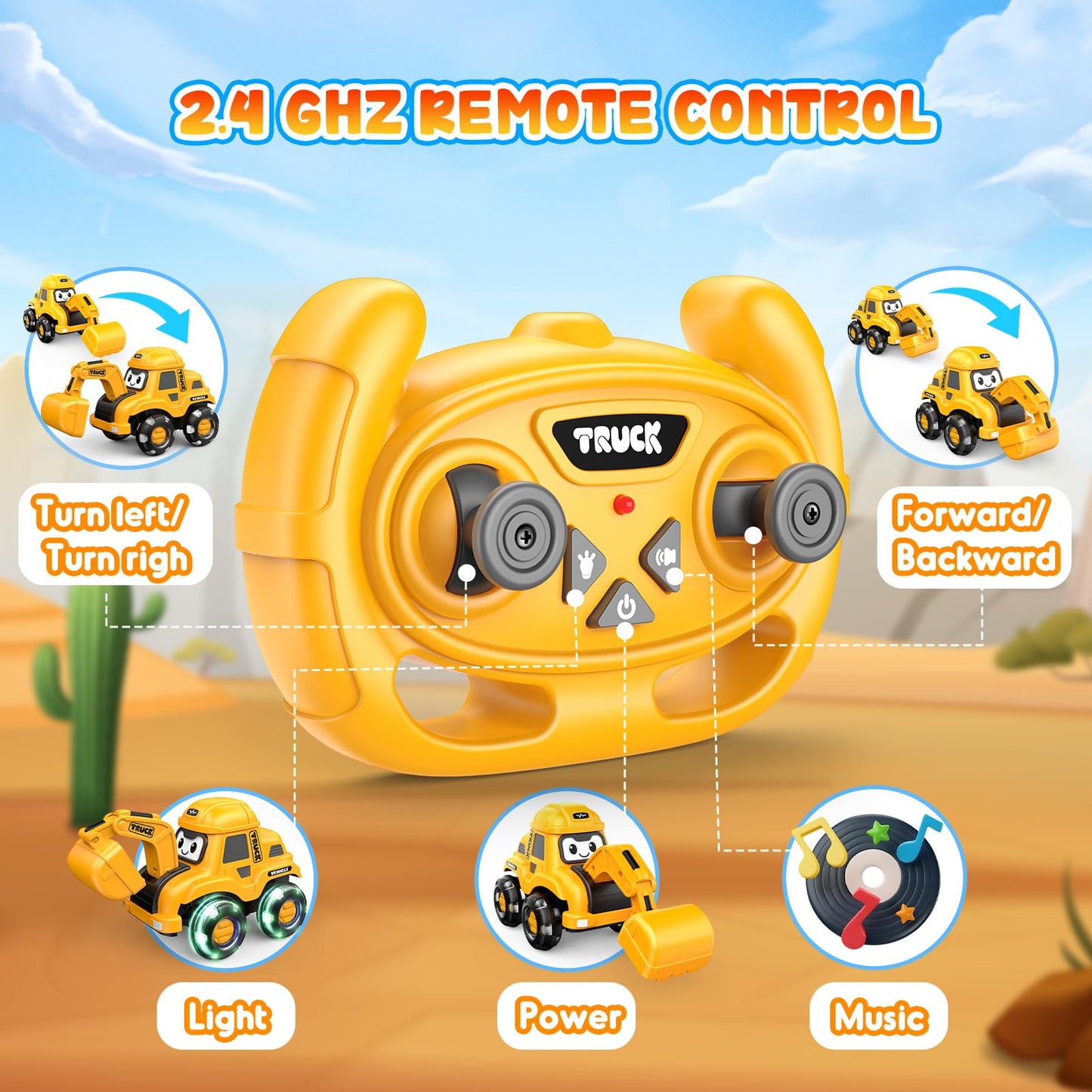 Toyjolka Toddler Remote Control Car with Flashing Light Wheels for 2 3 4 5 6 Year Old Boys Girls, USB Rechargeable Construction Excavator Toy