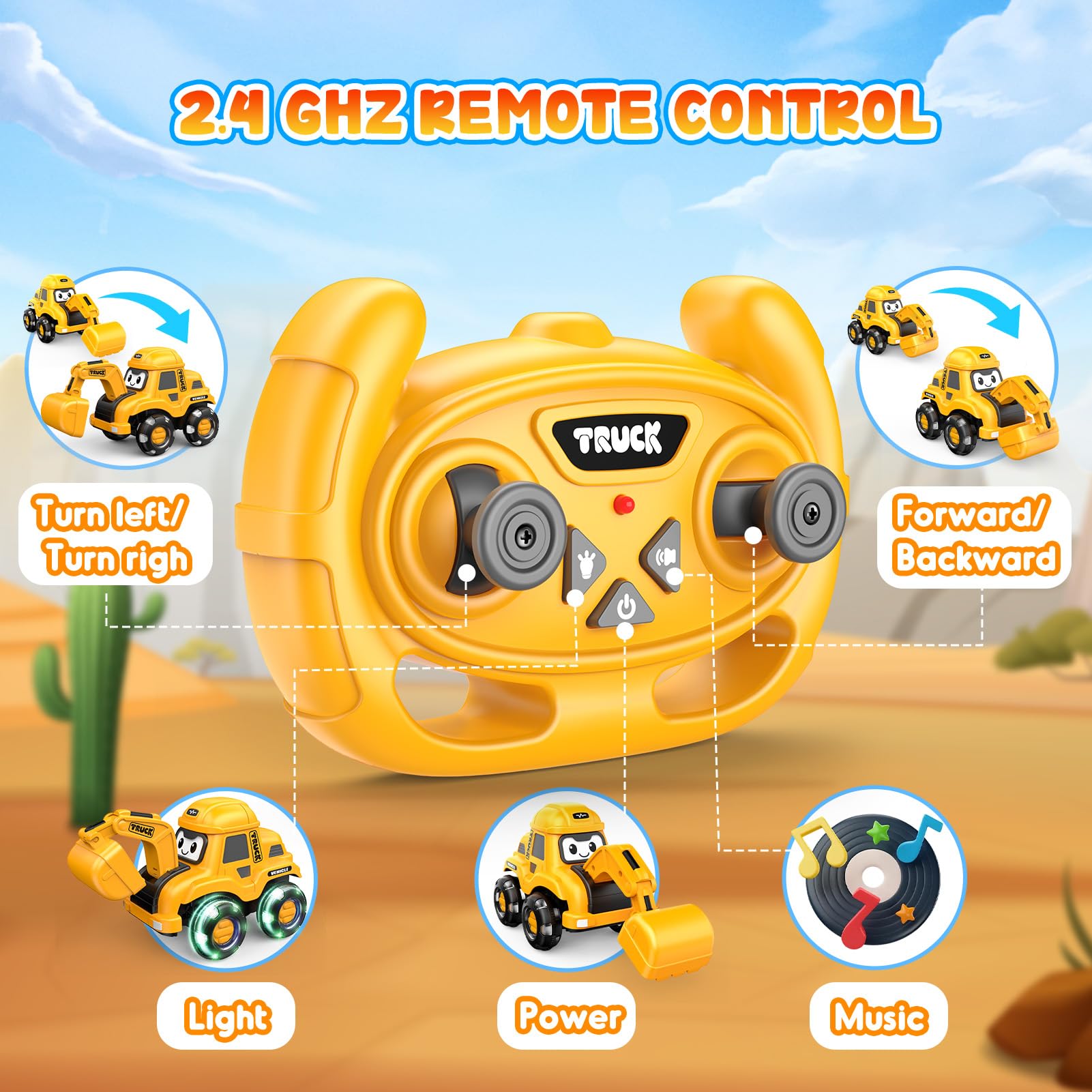 Toyjolka Toddler Remote Control Car with Flashing Light Wheels for 2 3 4 5 6 Year Old Boys Girls, USB Rechargeable Construction Excavator Toy