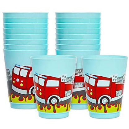 BLUE PANDA Plastic Fire Truck Cups for Kids - 16 Oz, Blue, Pack of 16 - Party Favor Cups for Fire Truck Theme, Reusable & Recyclable