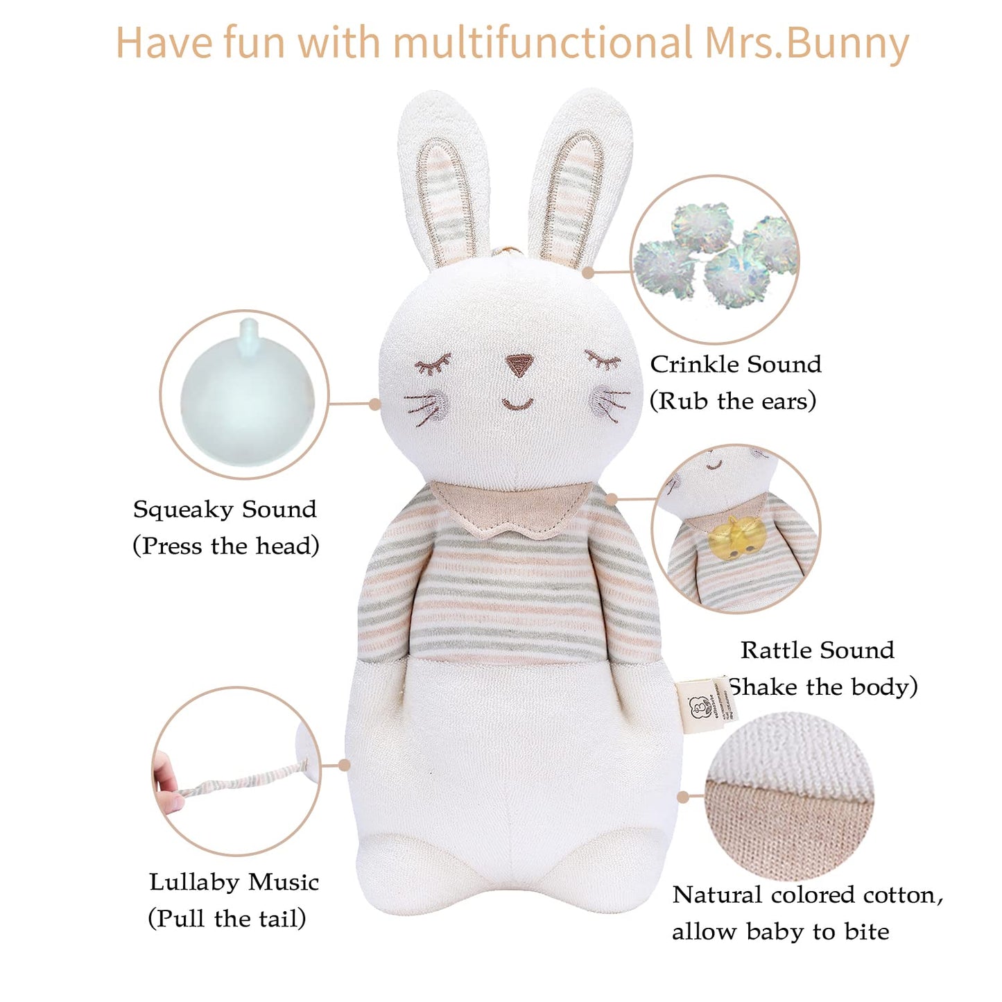 Newborn Baby Toys, Soft Cotton Stuffed Bunny Toy with Lullaby Music for Boy & Girl Babies 0-3-4-6+ Months,Easter Gift for Baby (Mrs.Bunny)