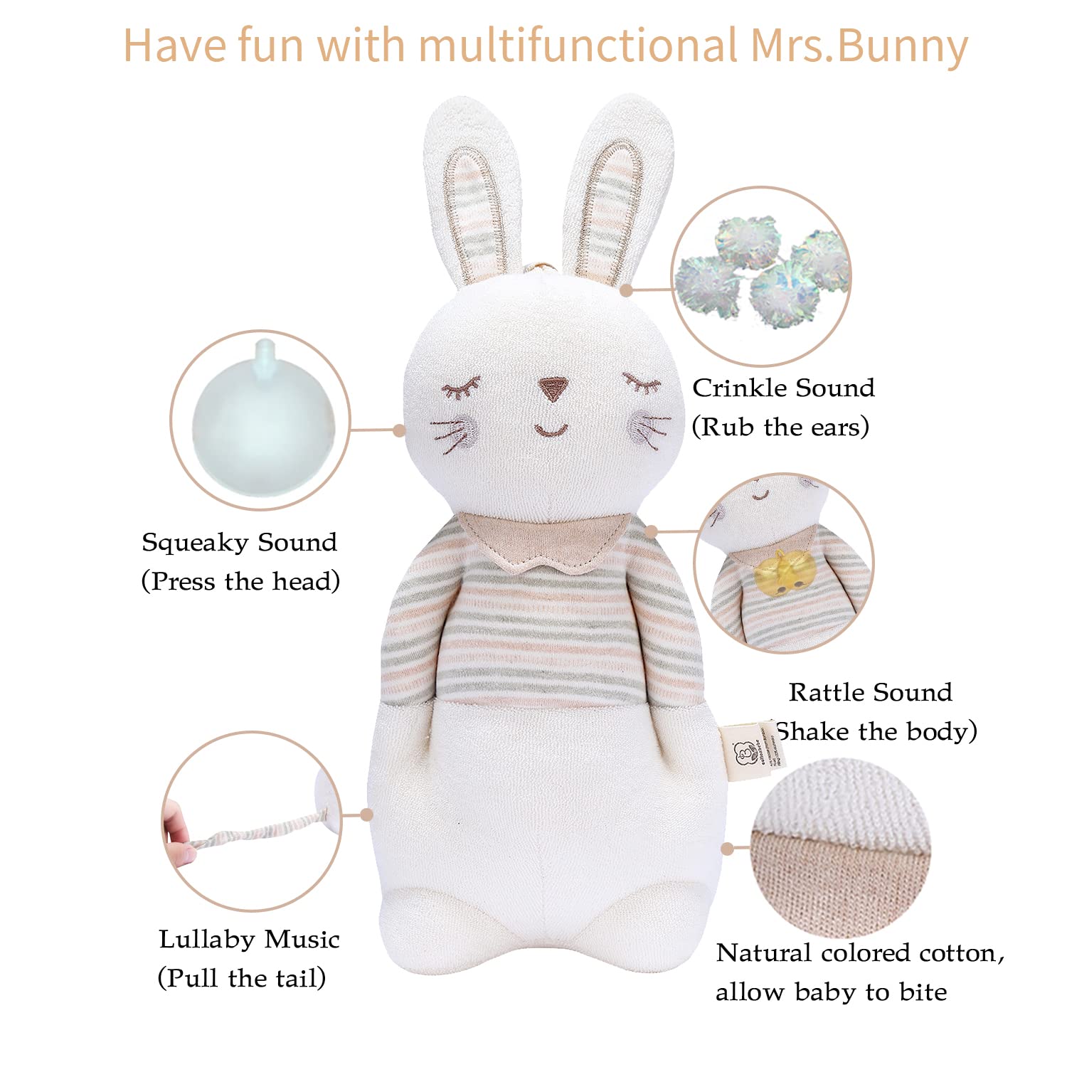 Newborn Baby Toys, Soft Cotton Stuffed Bunny Toy with Lullaby Music for Boy & Girl Babies 0-3-4-6+ Months,Easter Gift for Baby (Mrs.Bunny)