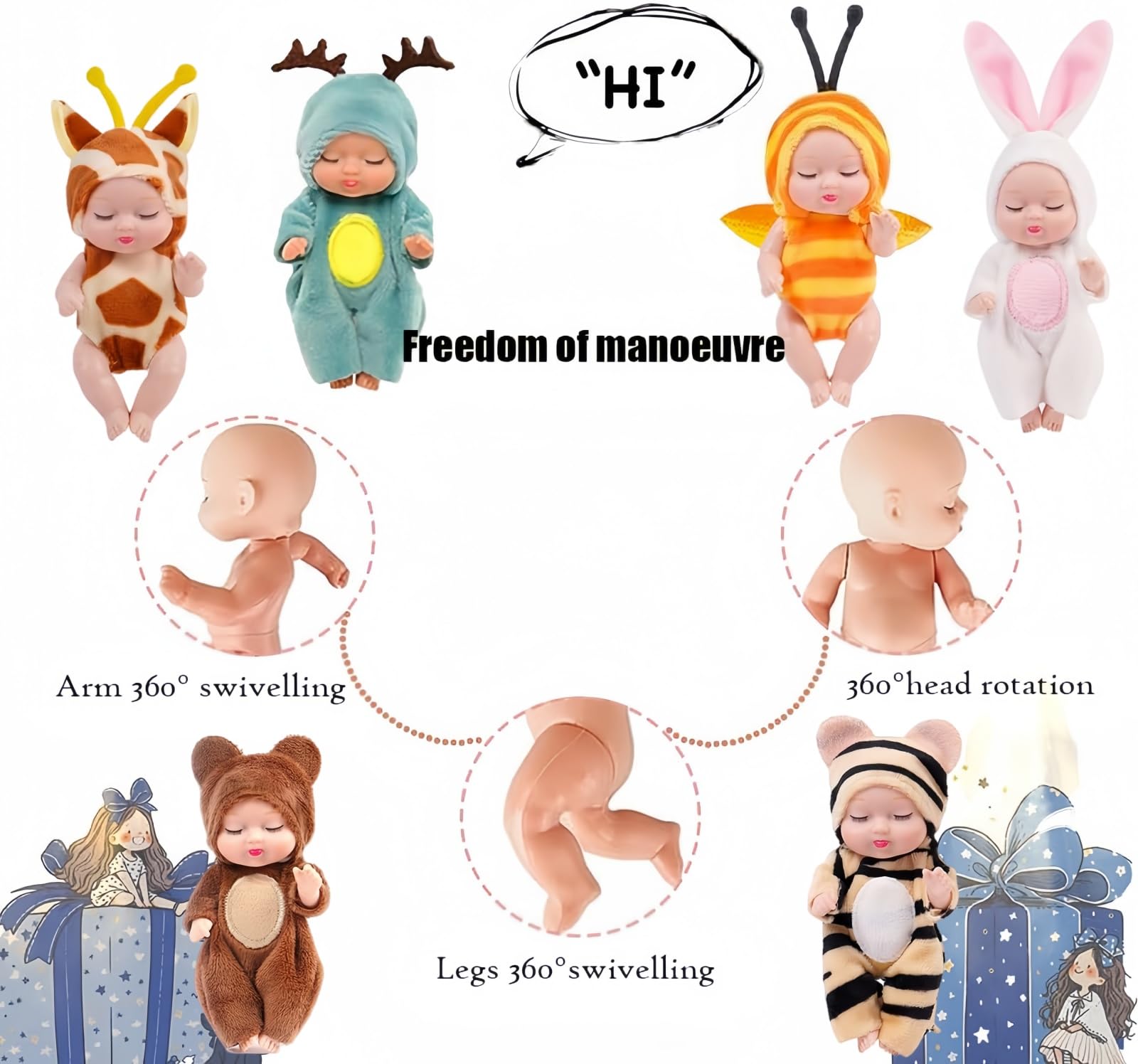 SwankyStyle 6 Pcs Mini Baby Dolls 4 Inch Gift Set, Cute Small Baby Doll Toys with Animal Clothes for Christmas Stockings, or Dollhouse Collections.