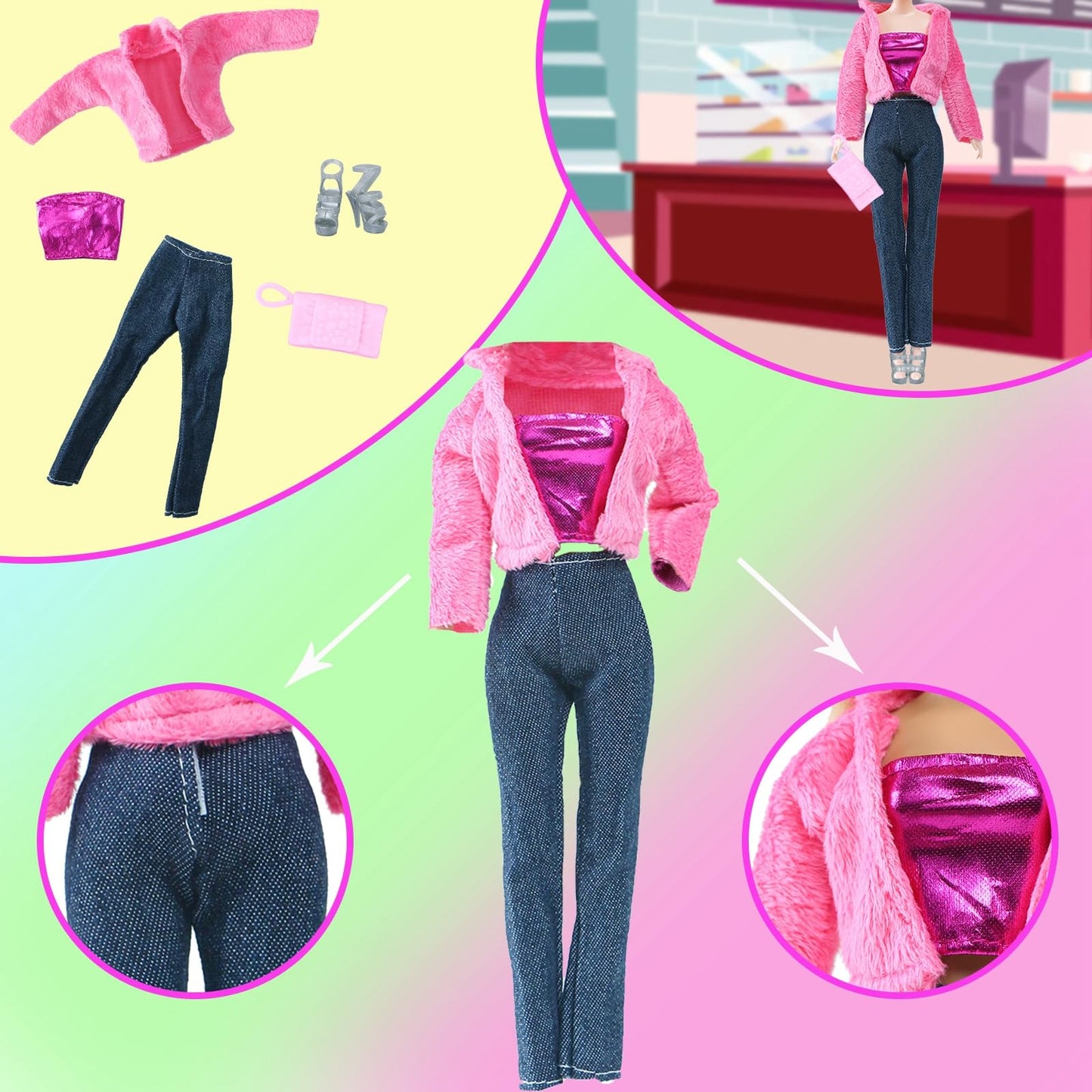 BLIJOLA 10Pcs Doll Clothes & Accessories Including 4 Sets Casual Doll Clothing, Skirt, Long Dress, Top and Pant Outfits with 4 Pair of Shoes 2