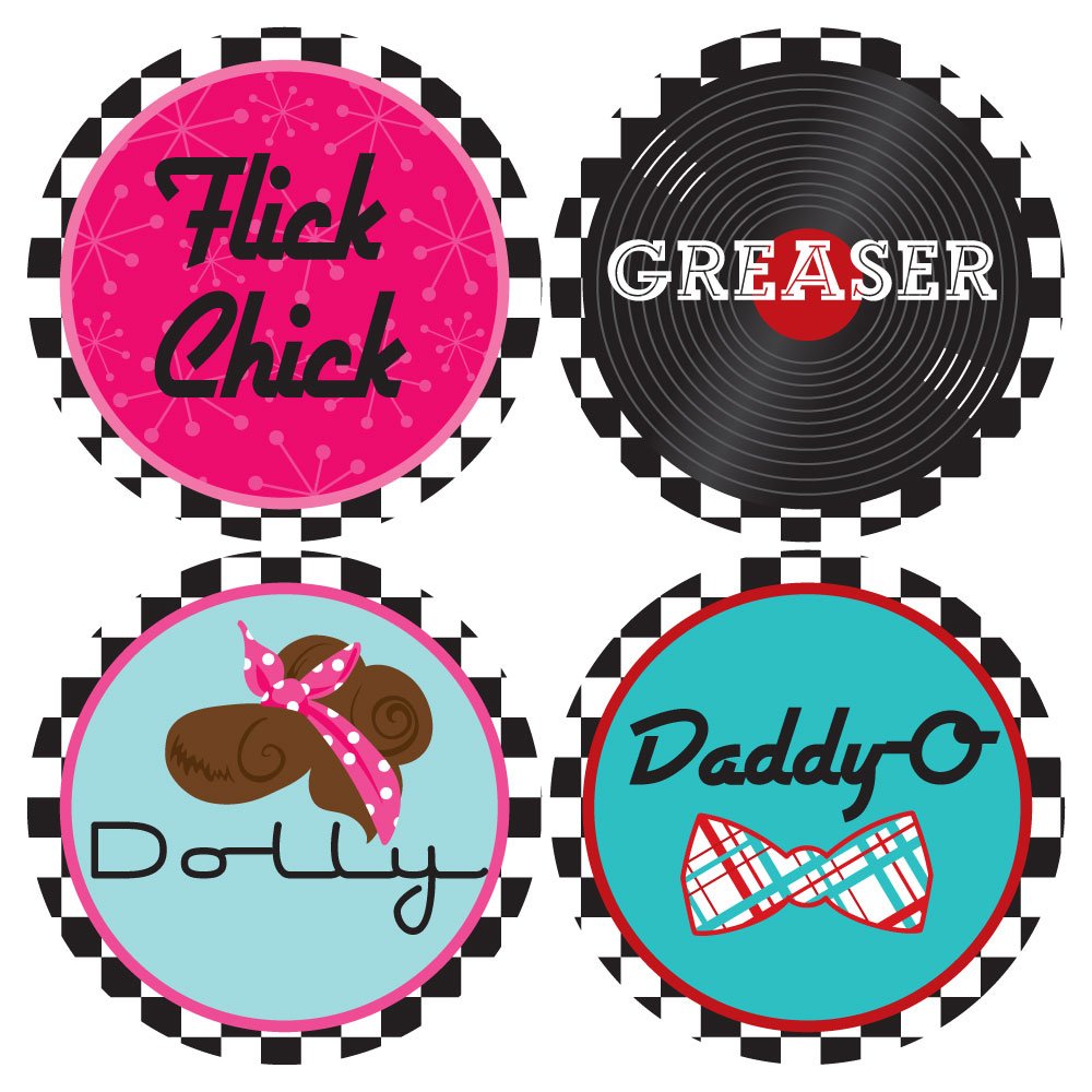 Big Dot of Happiness 50's Sock Hop - 1950s Rock N Roll Party Funny Name Tags - Party Badges Sticker Set of 12