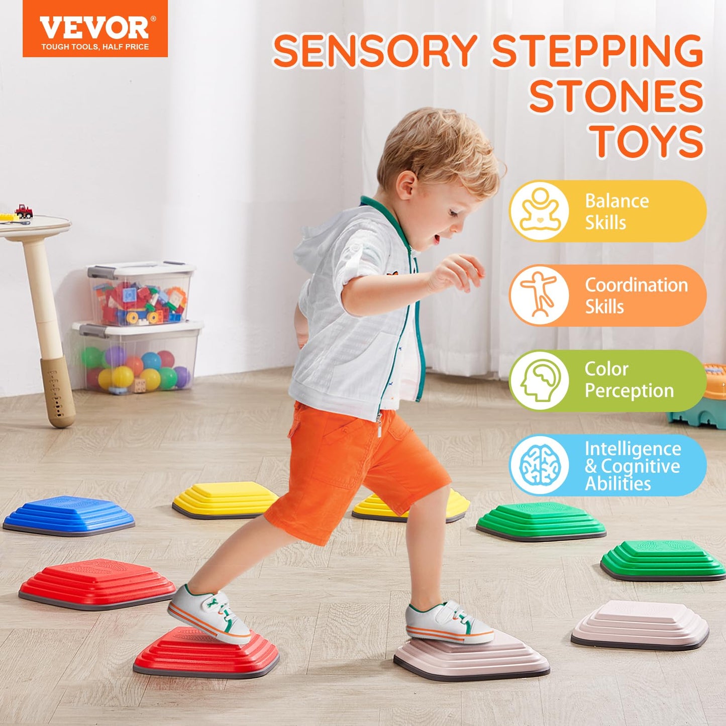 VEVOR Balance Stepping Stones for Kids, 10 PCS, Up to 220 lbs, Non-Slip Toddlers Sensory Stepping Stones, Obstacle Course Coordination Game Toys