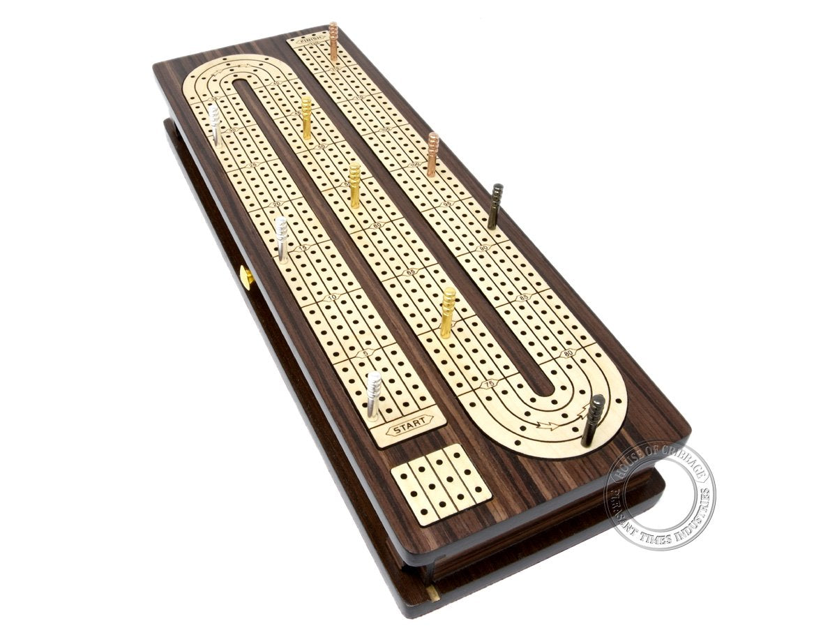 House of Cribbage - Continuous Cribbage Board Inlaid 4 Tracks Rosewood/Maple with Sliding Lids and Drawer