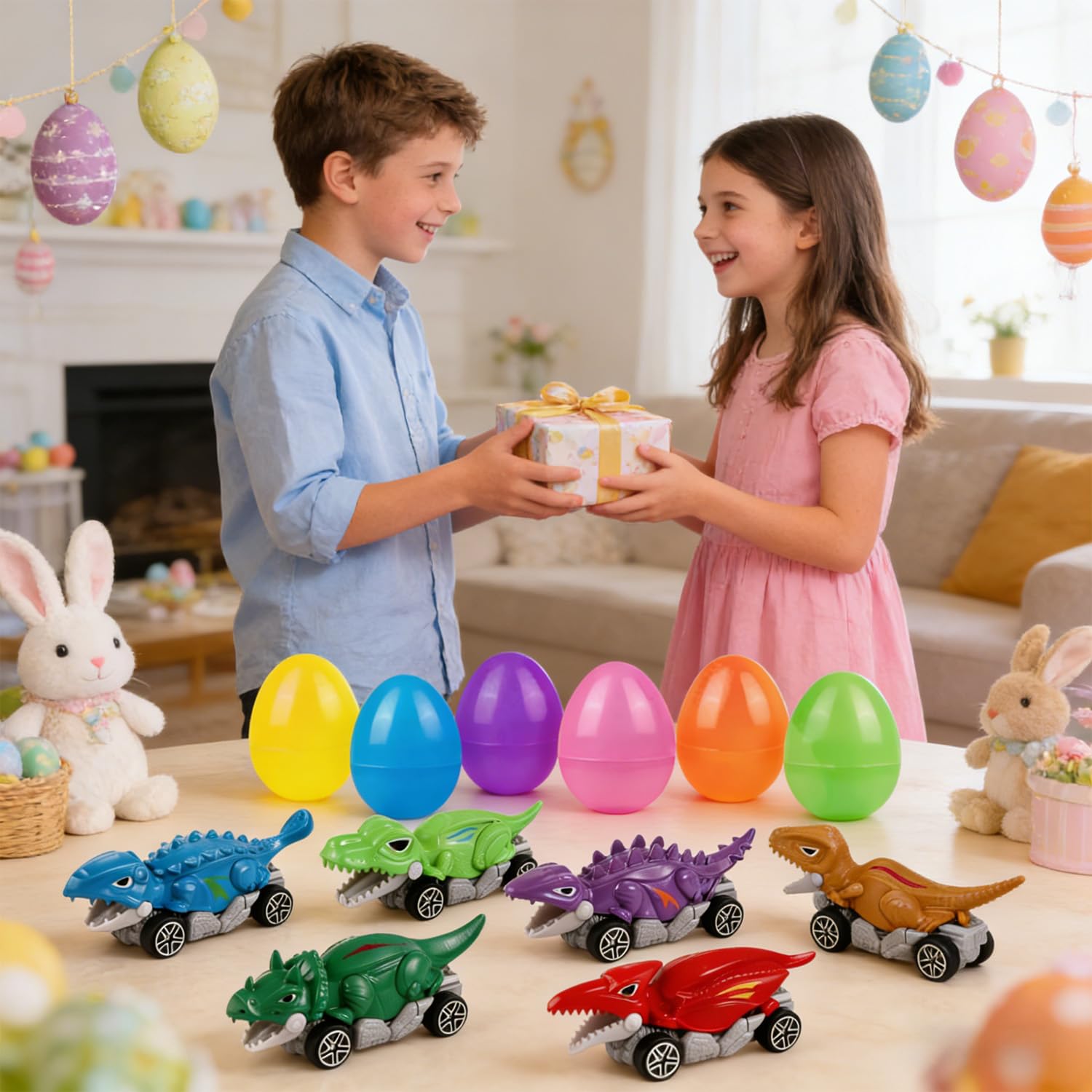 Dufricen 6 Pack Prefilled Easter Eggs with Metal Dinosaur Car Toys Vehicles Set for Toddlers Kids Easter Egg Fillers Hunt Basket Stuffers Party Favors