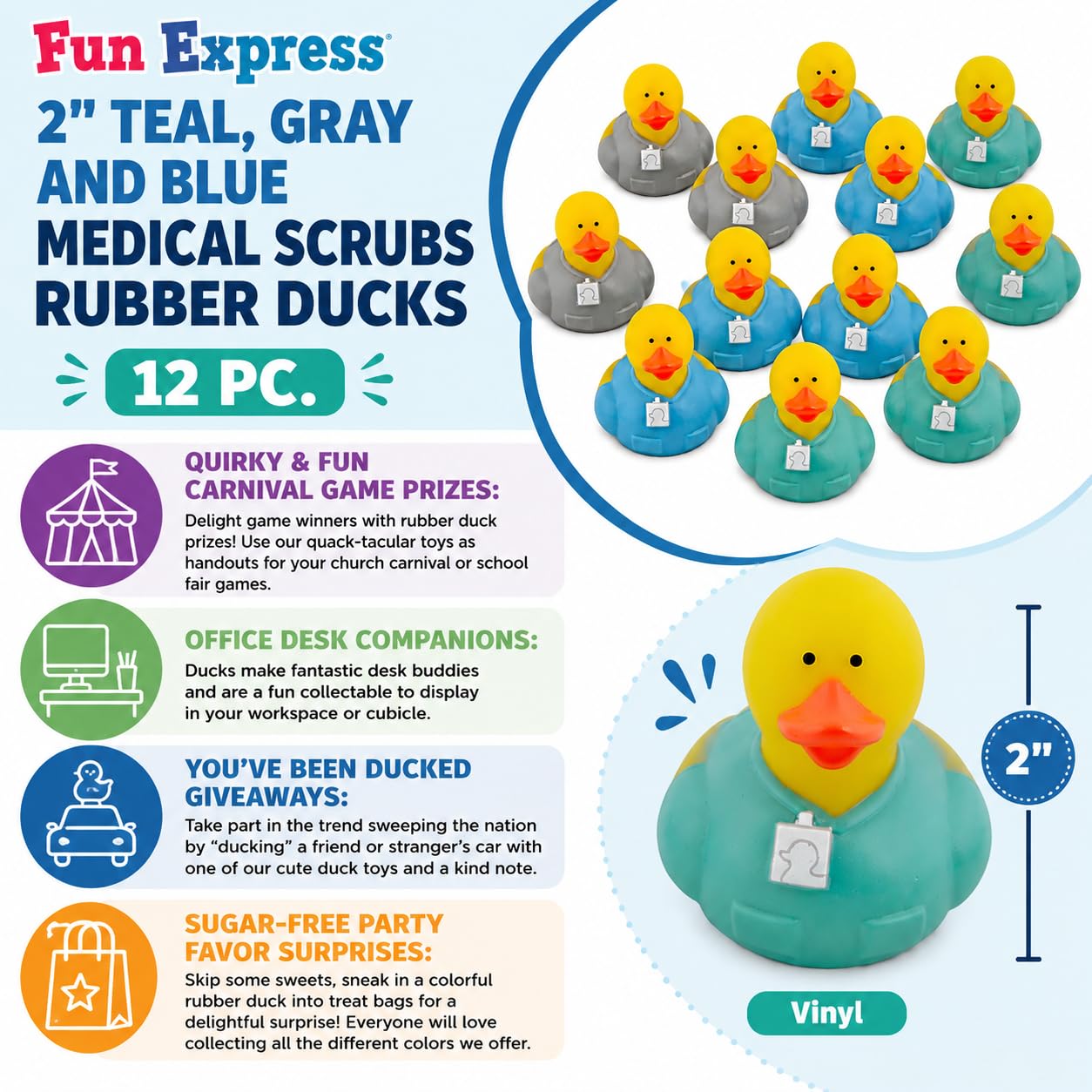 Fun Express 2" Teal, Gray and Blue Medical Scrubs Rubber Ducks - 12 Pc.