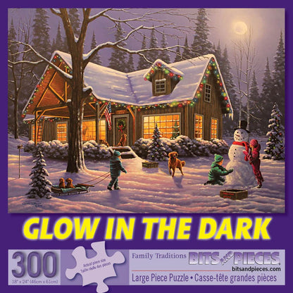 Bits and Pieces - 300 Large Piece Glow in The Dark Puzzle for Adults - Family Traditions by Artist Geno Peoples - Winter Christmas Cabin - Holiday