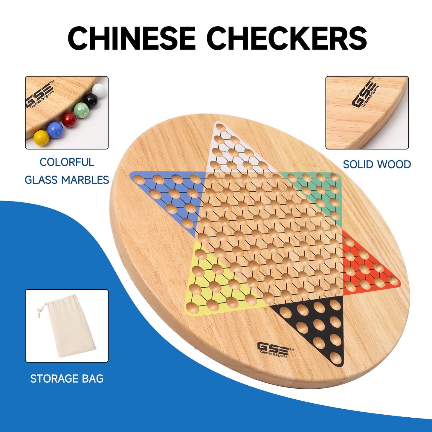GSE Games & Sports Expert 15" Jumbo Oak Wood Chinese Checkers Board Game Set with Colorful Glass Marbles, Classic Strategy Family Board Game