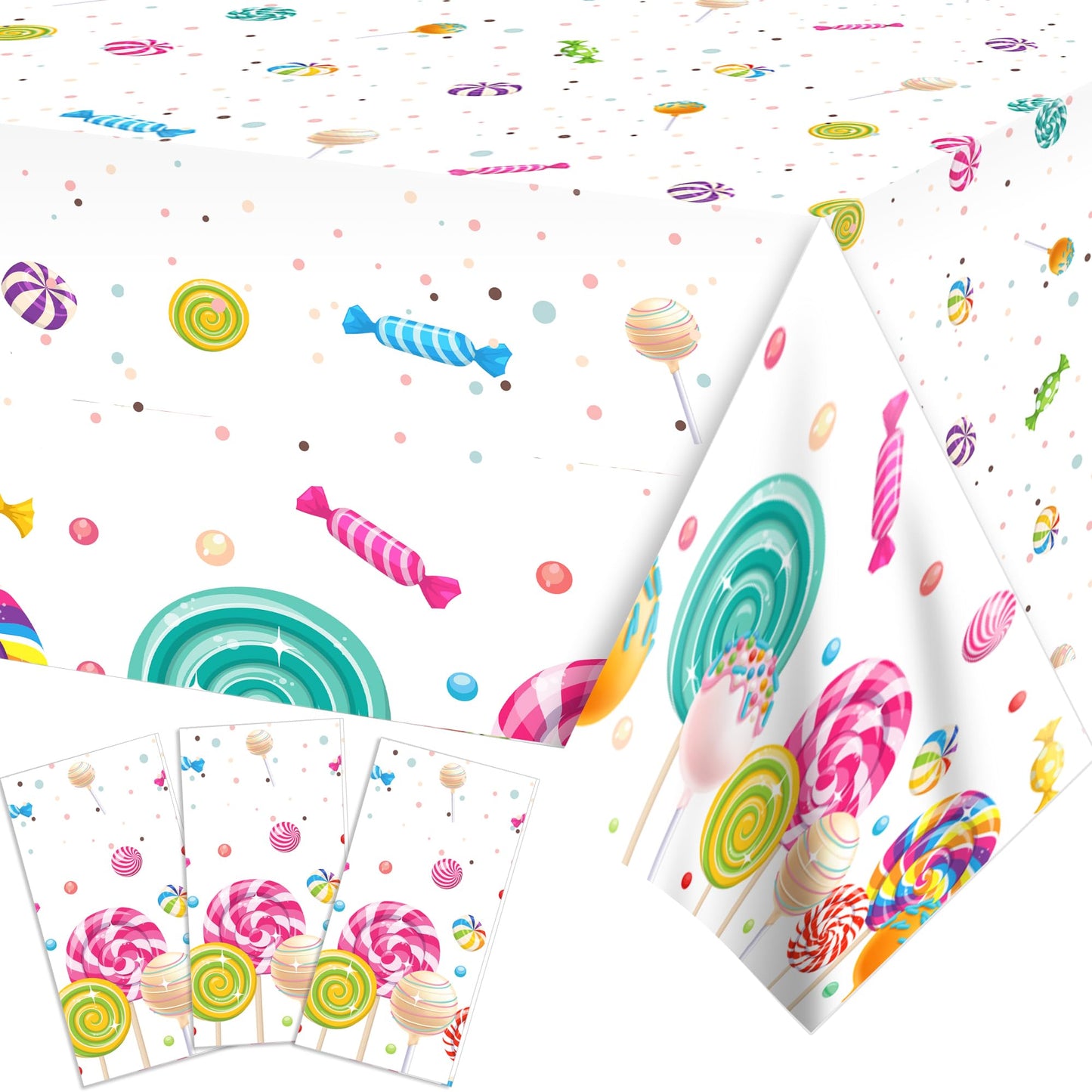 Parrtty Hurrican 3 Pcs Lollipop Plastic Tablecloth, Disposable Table Cover, Sweet Holiday Package Party Supplies, Suitable for All Kinds of Themed