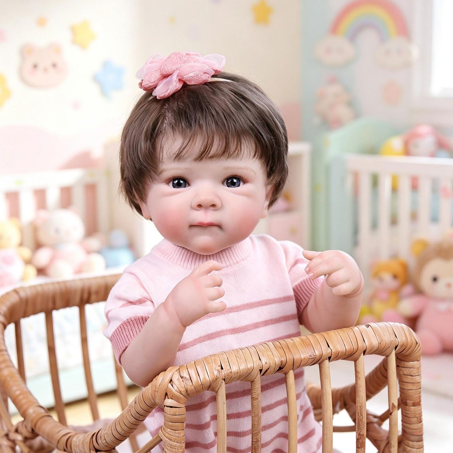 Tookyhill Baby Doll, 18 Inch Realistic Reborn Baby Doll, Weighted Soft Vinyl Body, Poseable Lifelike Newborn Doll with Striped Knitted Romper & Bear