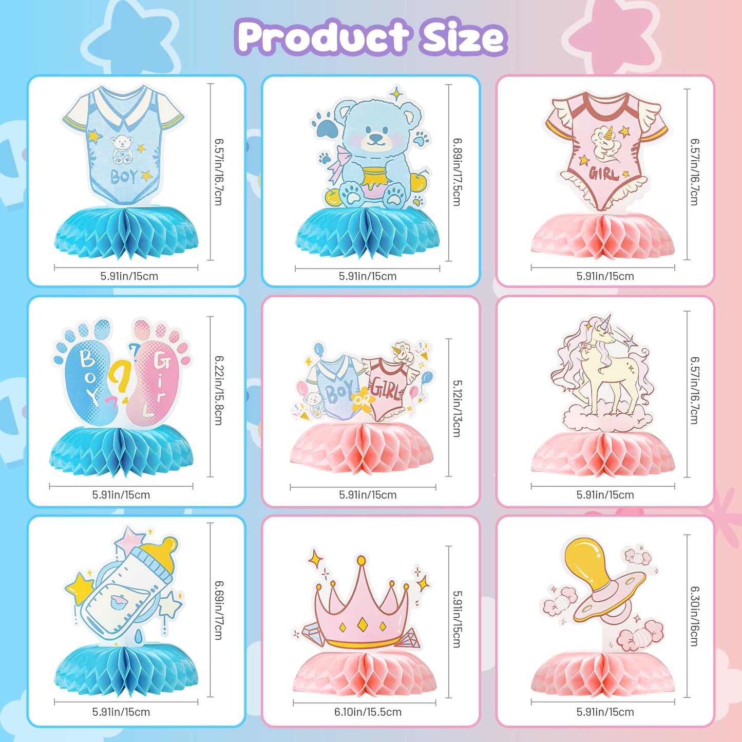 Gender Reveal Honeycomb Centerpieces Set - 9 PCS Baby Shower Table Decorations with Unicorn, Bear, Bottle, Pacifier & Crown Designs, Includes Clear