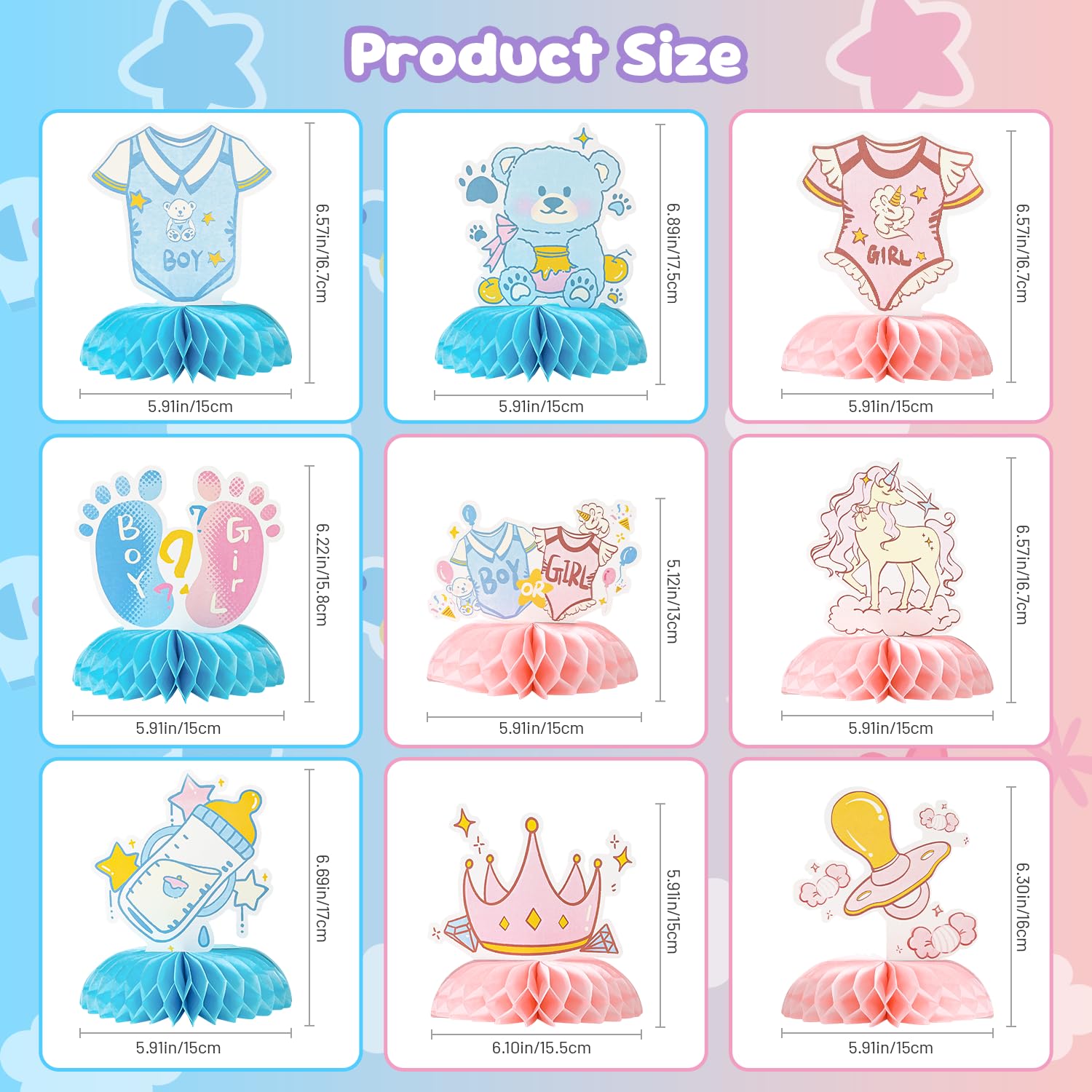 Gender Reveal Honeycomb Centerpieces Set - 9 PCS Baby Shower Table Decorations with Unicorn, Bear, Bottle, Pacifier & Crown Designs, Includes Clear