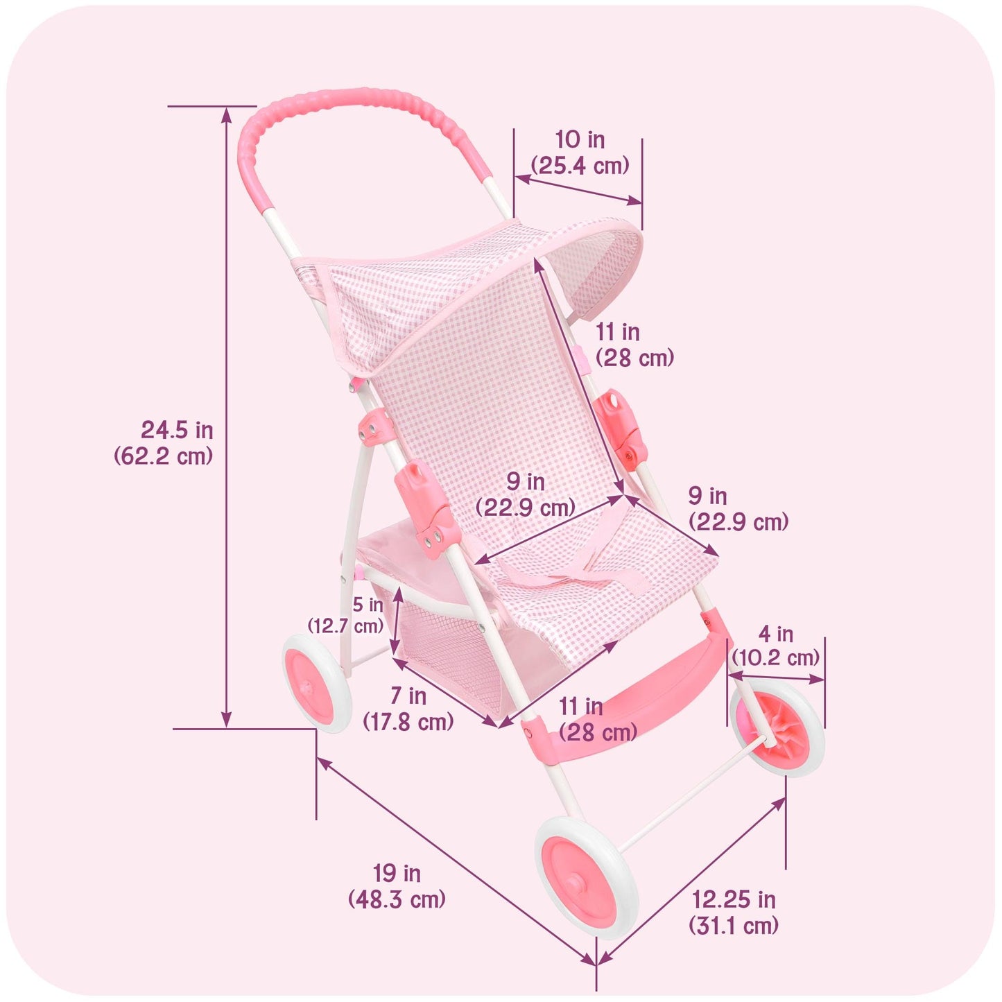 Badger Basket Folding Doll Umbrella Stroller for Dolls Up to 18 Inches - Lightweight, Compact Doll Stroller with Safety Belt, Pink and White Design