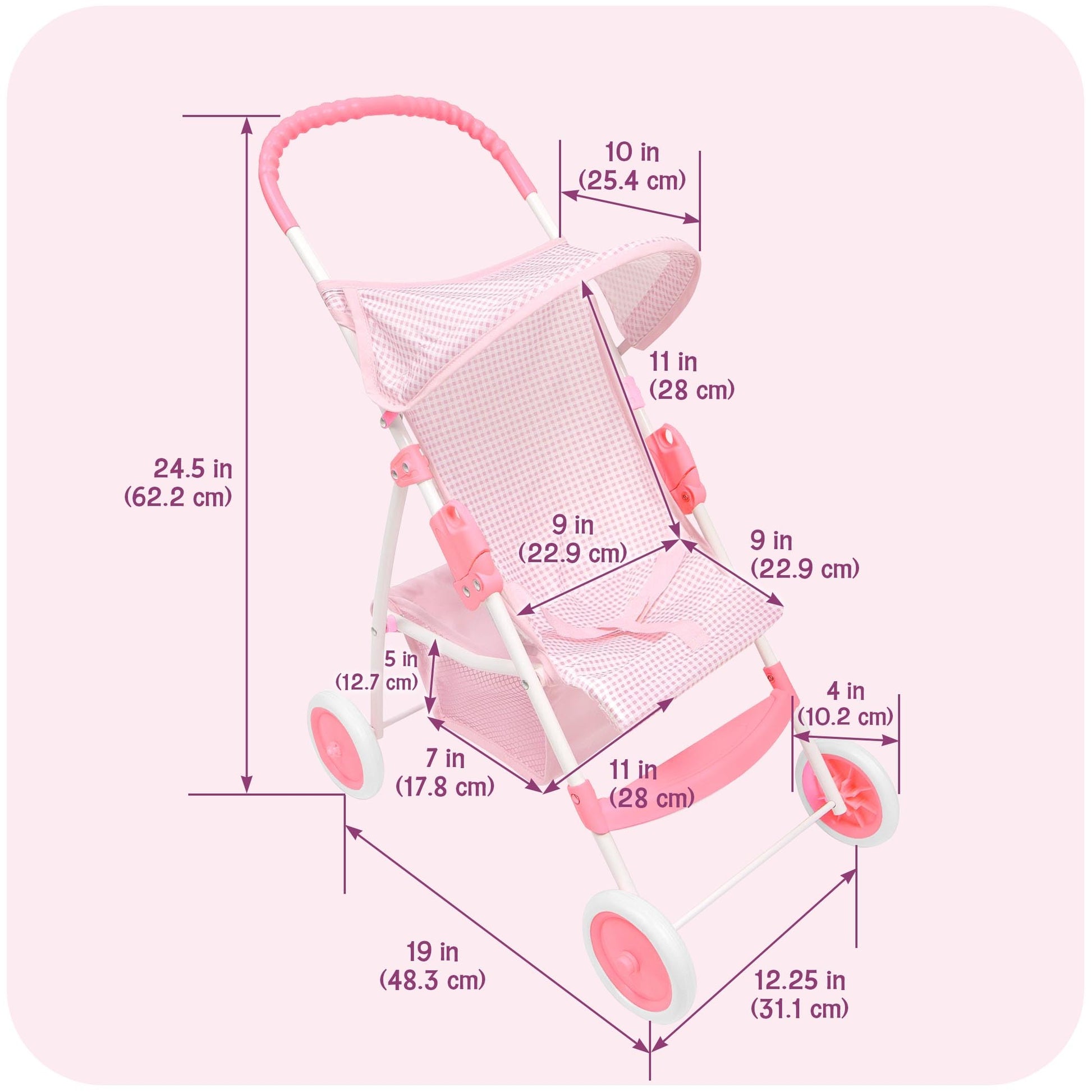 Badger Basket Folding Doll Umbrella Stroller for Dolls Up to 18 Inches - Lightweight, Compact Doll Stroller with Safety Belt, Pink and White Design