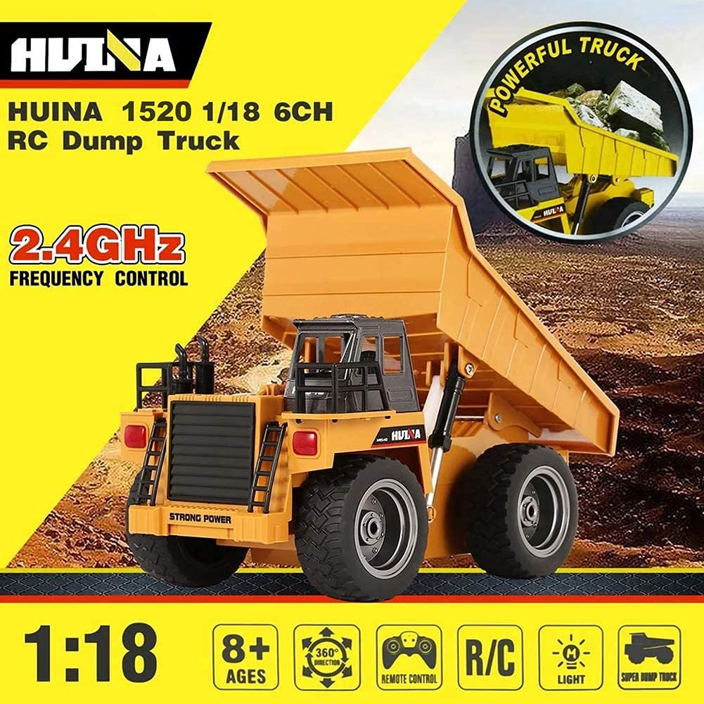 kkny Remote Control Construction Dump Truck Toy 2.4G RC 6 Channel Bulldozer 4 Wheel Driver Mine Construction Alloy Metal Vehicle Truck 1:18 with 2