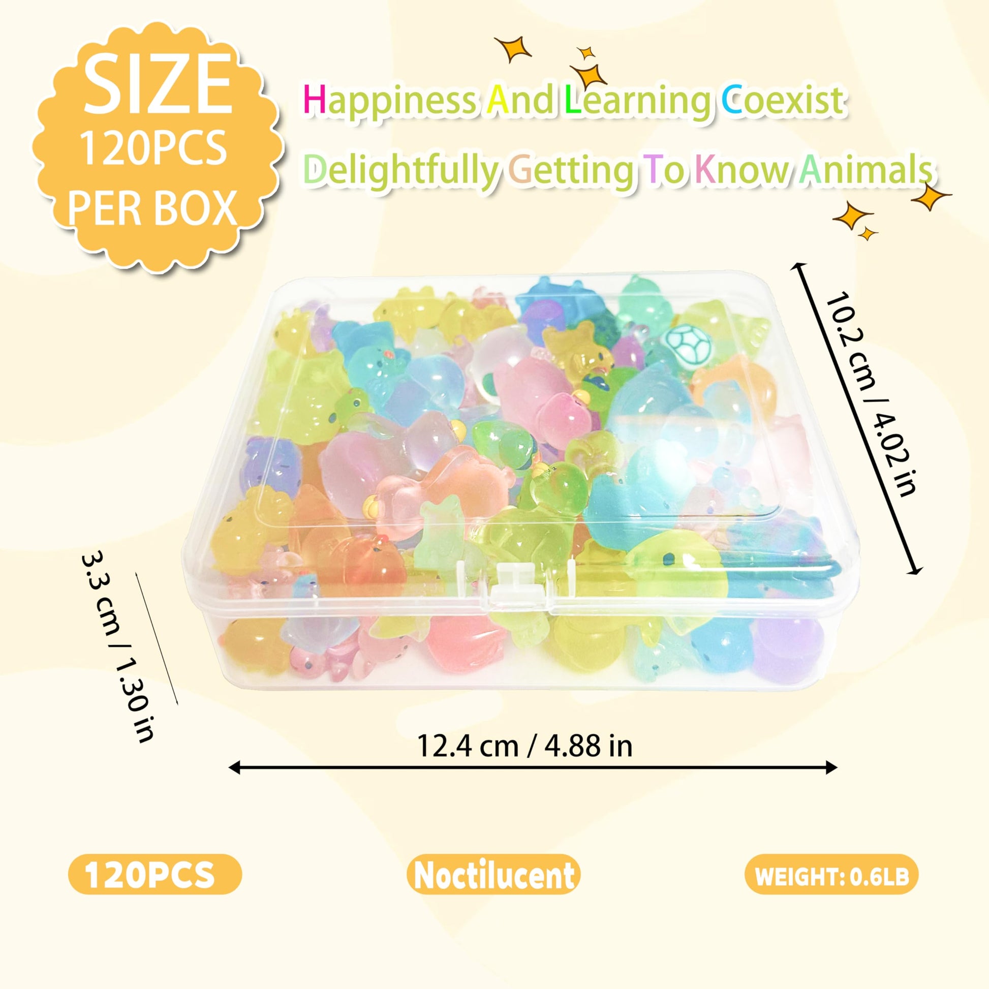Uignstr 120PCS Luminous Mini Resin Animals Glow in Dark Variety Pack, with Storage Box & 200 Nano Dots, Fairy Garden Micro Landscape Dollhouse Pool