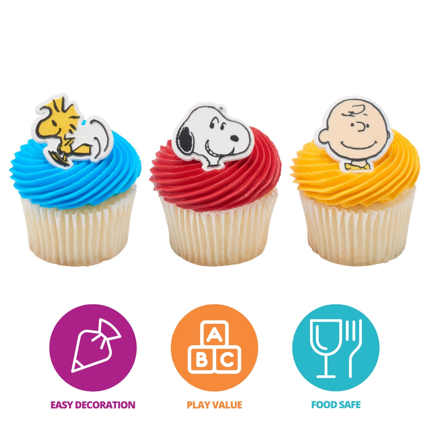 DecoPac Peanuts® Cupcake Rings, 24 Peanuts® Snoopy®, Charlie Brown, Woodstock® Cupcake Decorations, Food Safe Cake Toppers - 24 Pack
