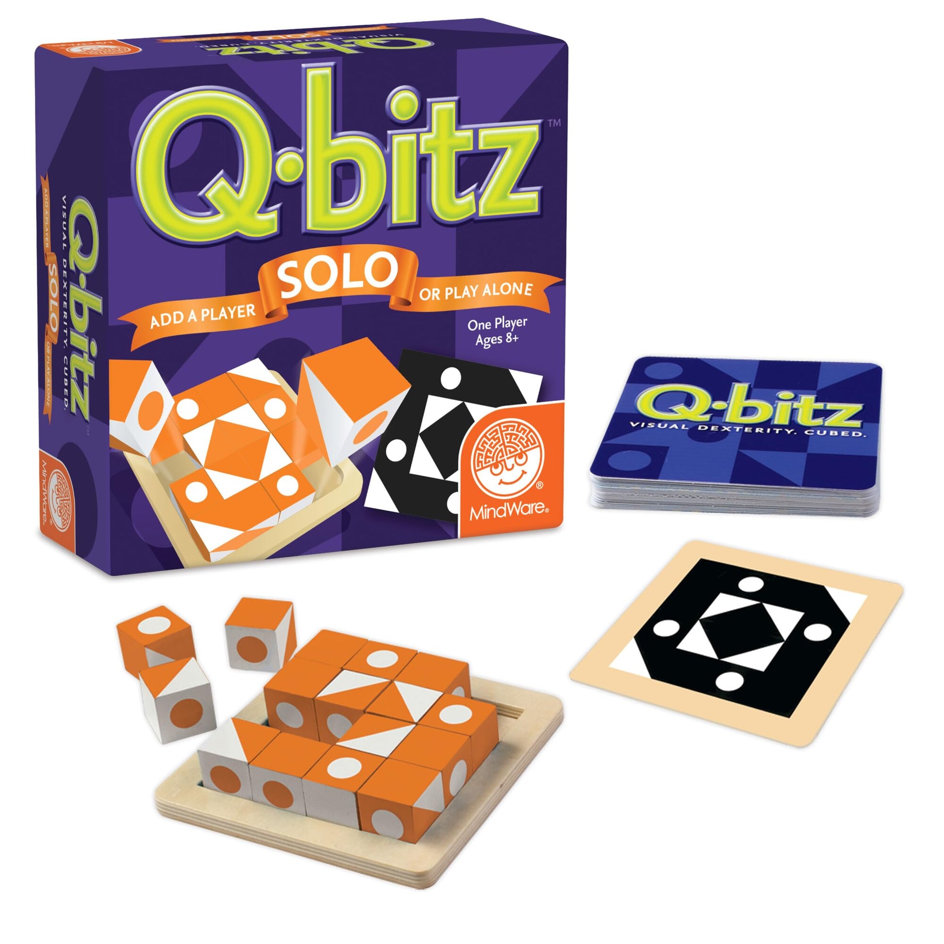 MindWare Q-bitz Solo Visual Puzzle Game, Fast Pattern Matching Logic Game with Cubes and Challenge Cards, Brain Building Activity for Kids Ages 8+