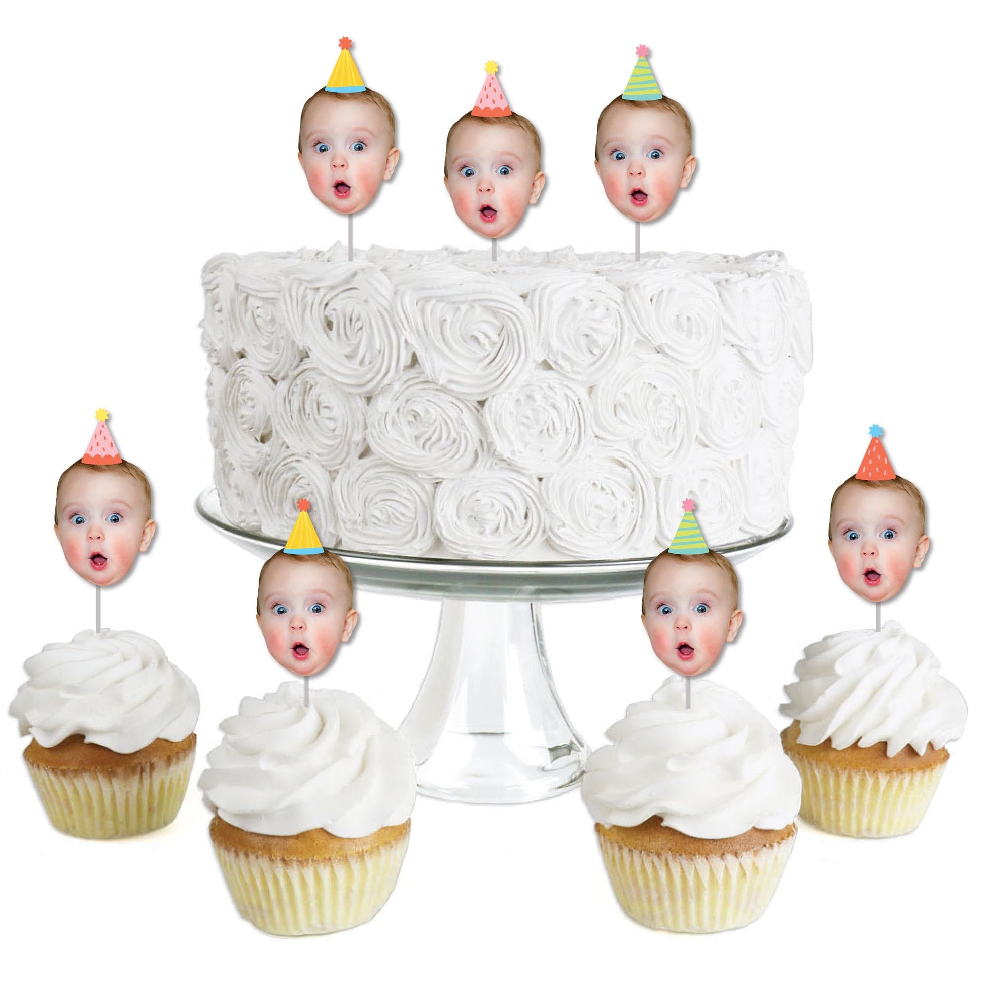 Big Dot of Happiness Custom Photo Party Time - Happy Birthday Party Dessert Cupcake Toppers - Fun Face Clear Treat Picks - Set of 24