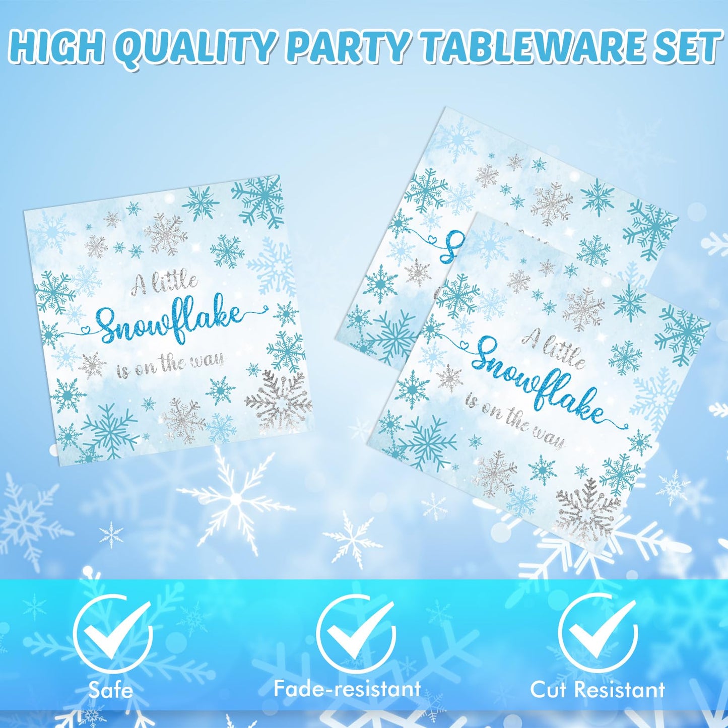 KHAIVI 40PCS Blue Snowflake Party Supplies Winter Wonderland Birthday Party Supplies Tableware Set Including Blue and Silver Snowflake Plates Napkins