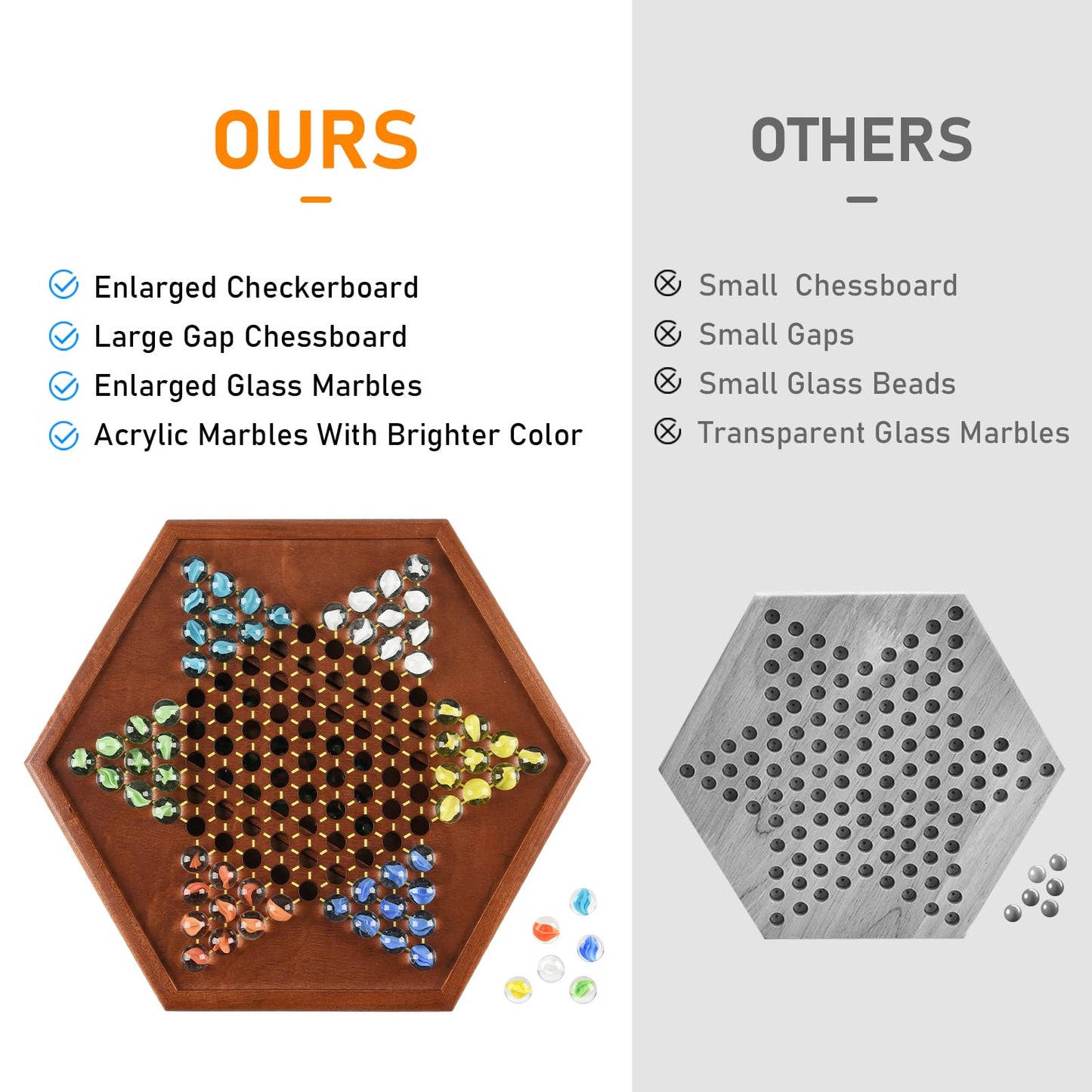 12.7 Inches Wooden Chinese Checkers Set with Storage Drawer -60 Glass Marbles in 6 Colors -12 Bonus Spare Marbles| Chinese Checkers Board Game