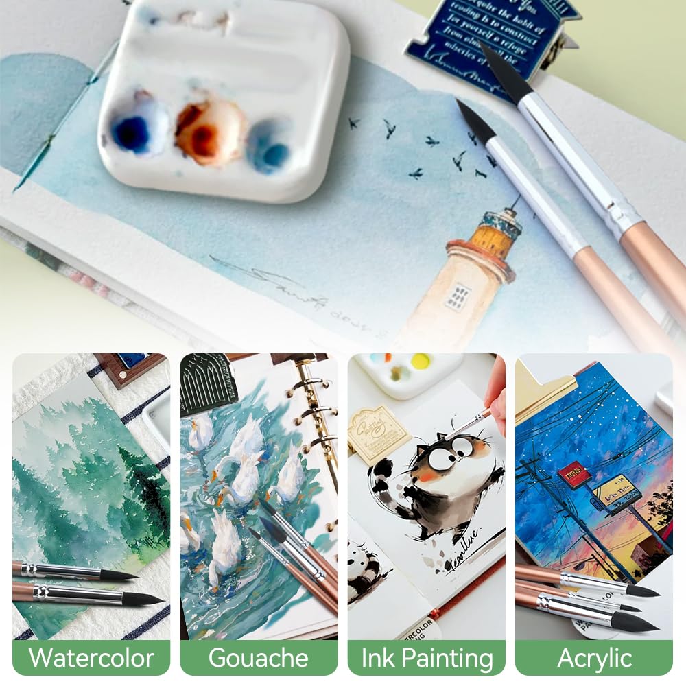 Transon 8pcs Round Watercolor Paint Brush Set Goat Hair for Watercolors,Acrylics,Inks,Gouache,Oil and Tempera