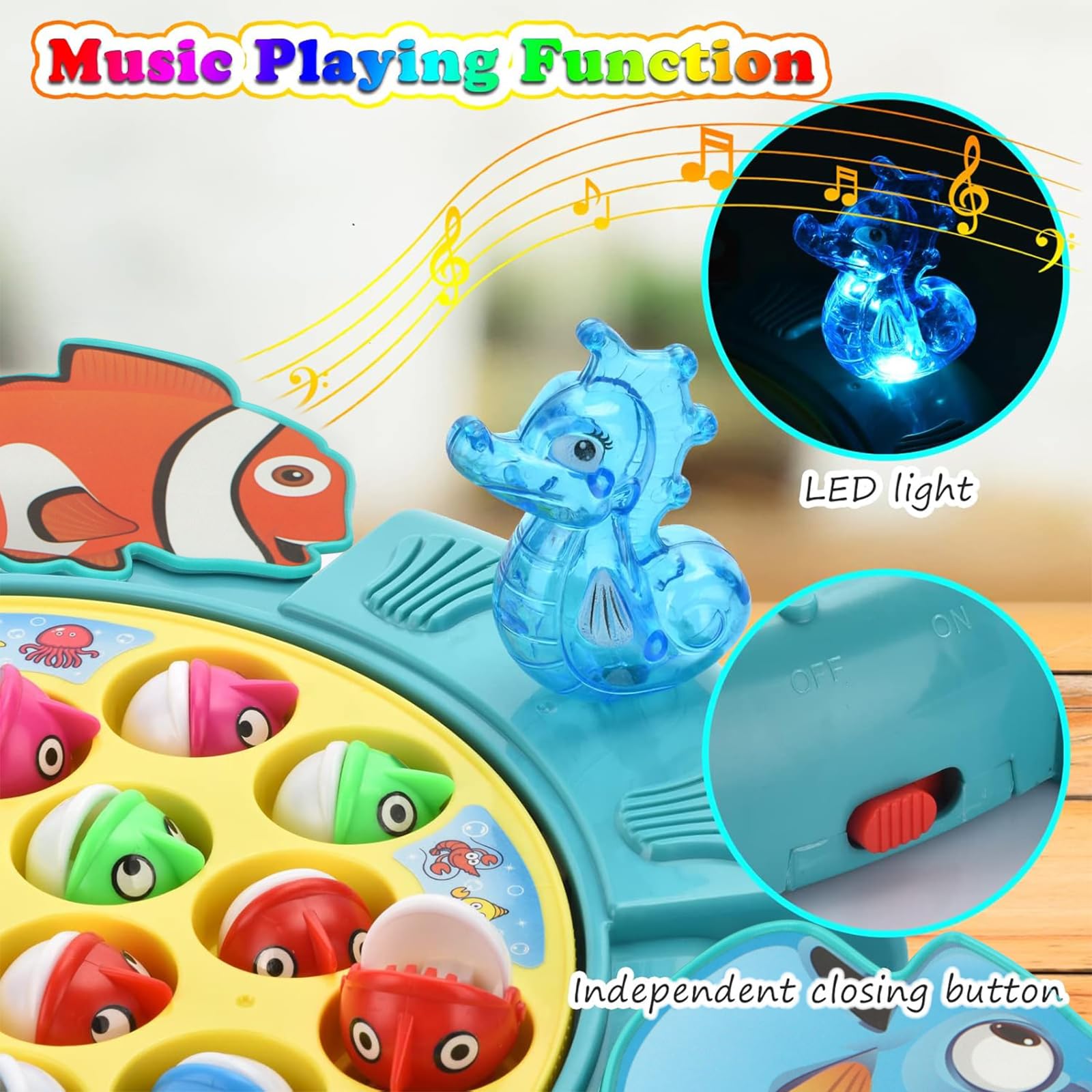 QuadPro Magnetic Fishing Games Set - Fun and Educational Fishing Toys for Toddlers and Kids, Includes 21 Fish, 4 Poles, Rotating Board, and On-Off