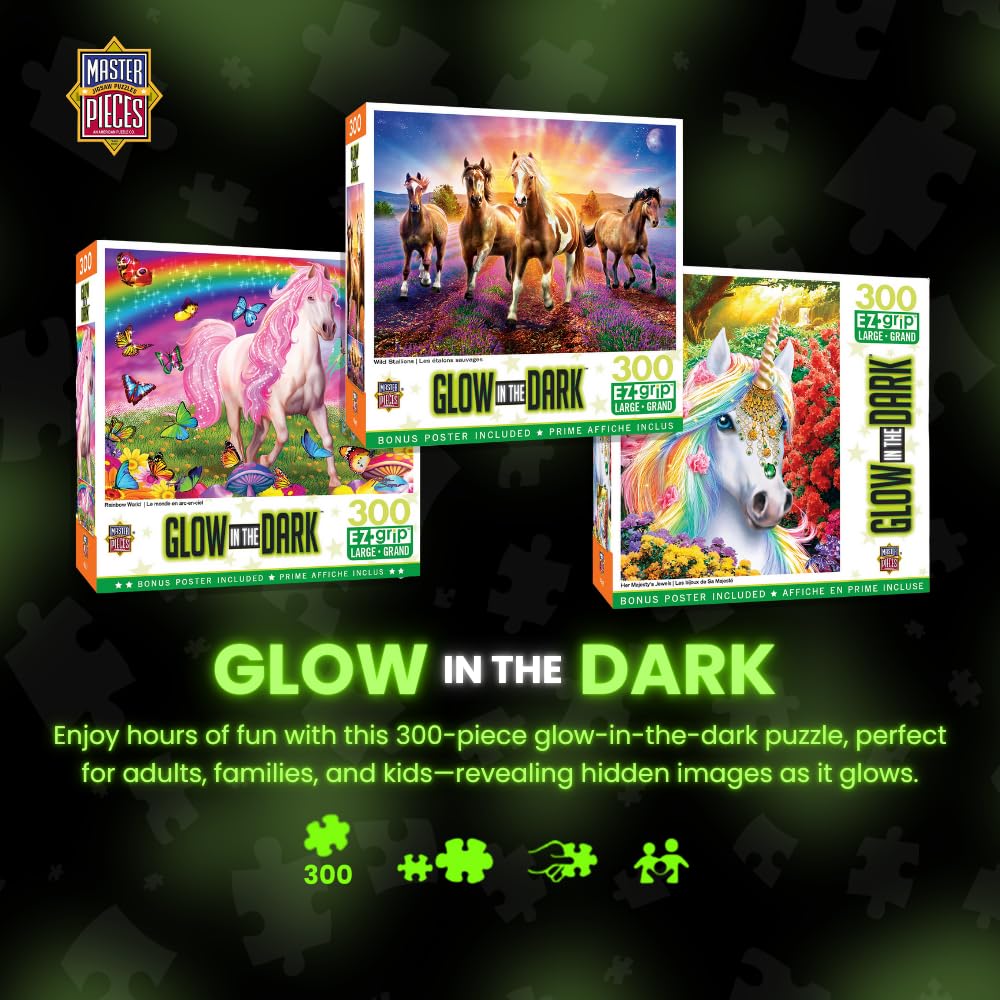 MasterPieces - 300 Piece Jigsaw Puzzle with Large EZ Grip Shapes, Glows in the Dark, Wild Stallions, Activity Fun for Adults, Seniors, Family, Kids