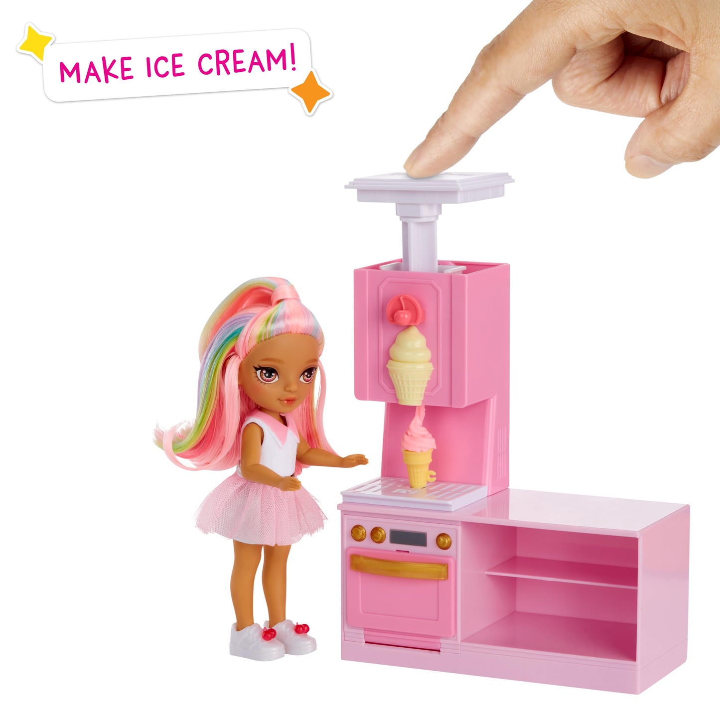 Rainbow High Littles Dessert Shop Playset + Small Doll (Pink 5.5”), Make Ice Cream and Sweets, Kids Gift 4+