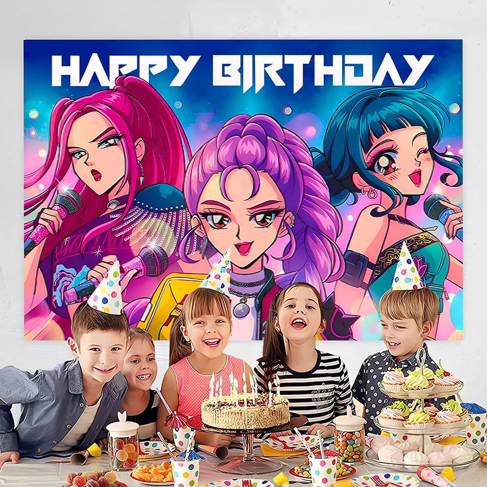 Demon Movie Hunters Birthday Decorations,Demon Movie Hunters Happy Birthday Banner Backdrop for Kids Birthday Party Supplies 60 * 40 inches