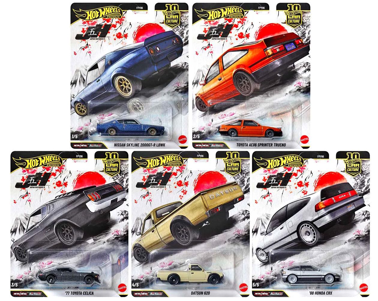 Hot Wheels Japan Historics 5 Premium Car Collection, 5-Pack Diecast Set with Nissan Skyline, Toyota Trueno, Celica, Datsun 620, Honda CRX, Car Culture