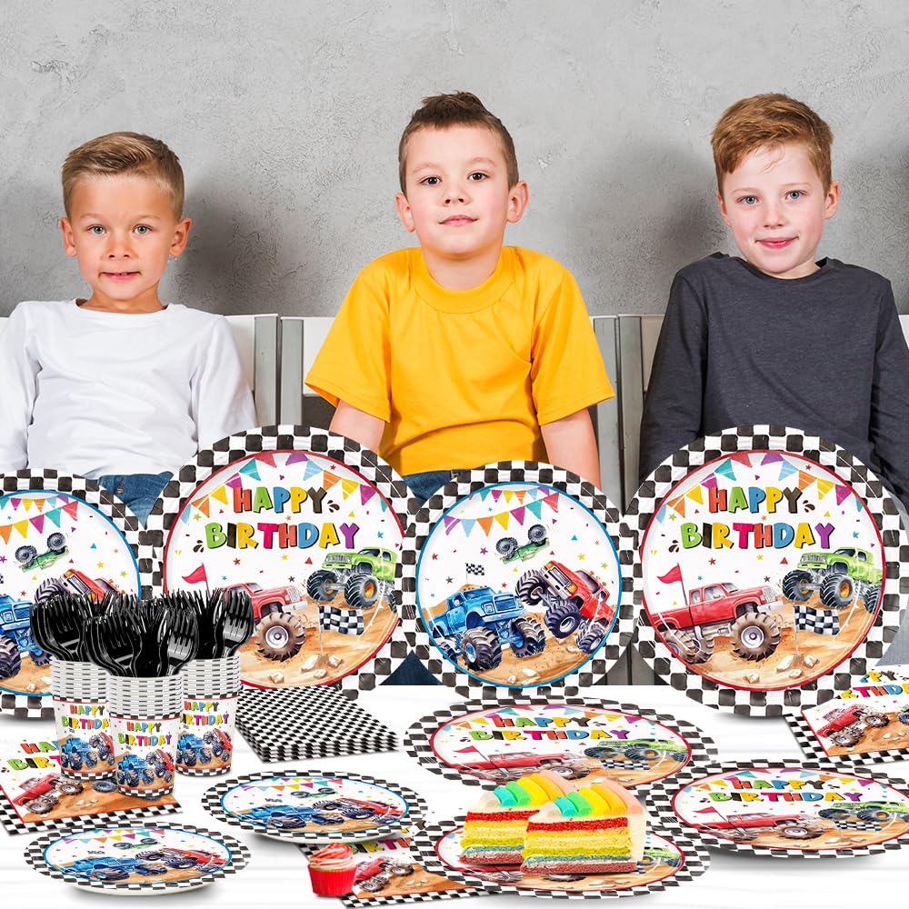 144pcs Monster Truck Birthday Party Decorations Plates Napkins 24 Guests
