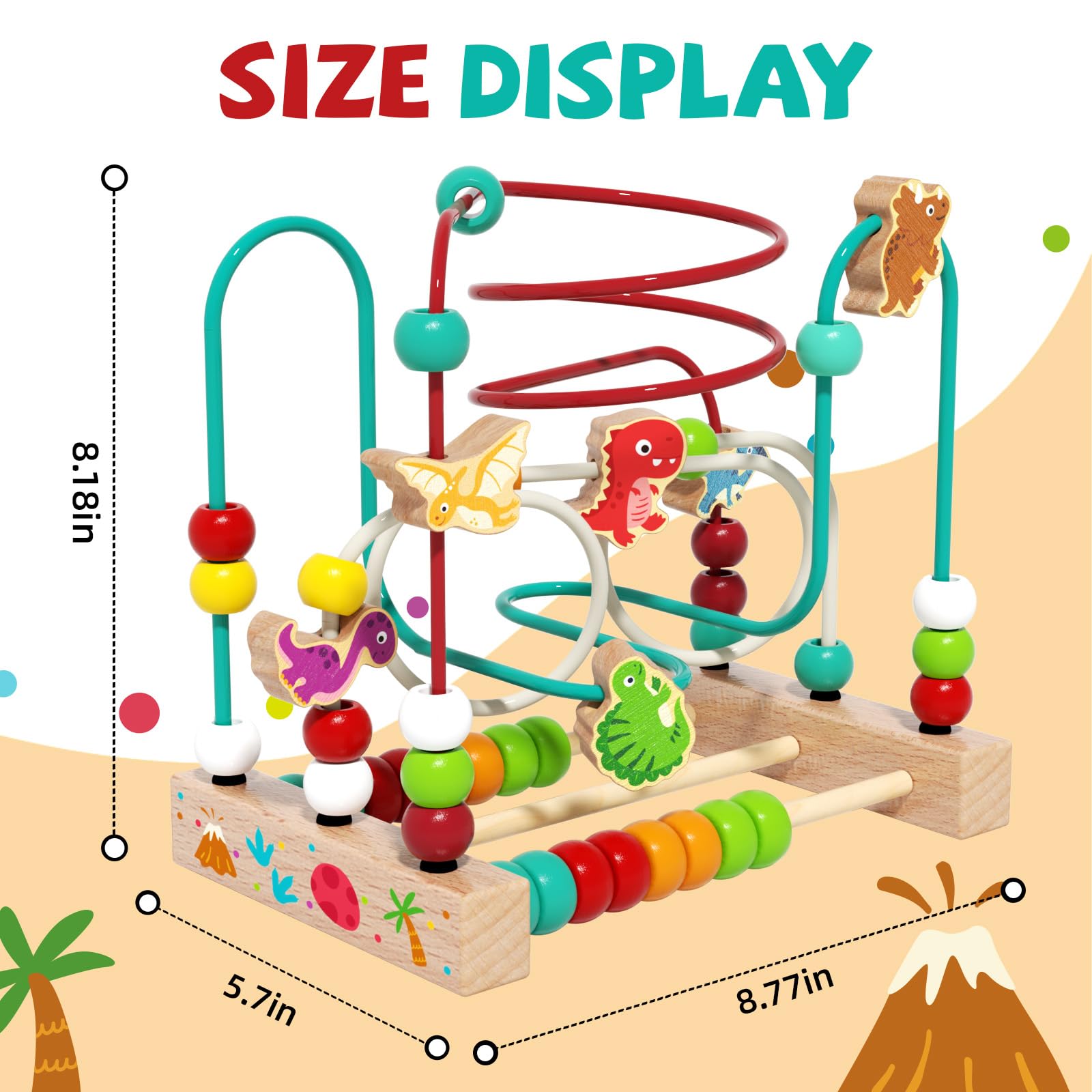 edutree Wooden Bead Maze Roller Coaster Toys for Toddlers, Dinosaur Colorful Shape Montessori Toys for 2-3 Year Old, Educational Learning Counting Toy