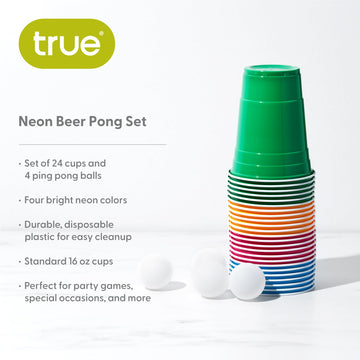 True Neon Kit, Beer Multicolor Set of 24 Cups and 4 Ping Pong Balls, Set of 1, Assorted