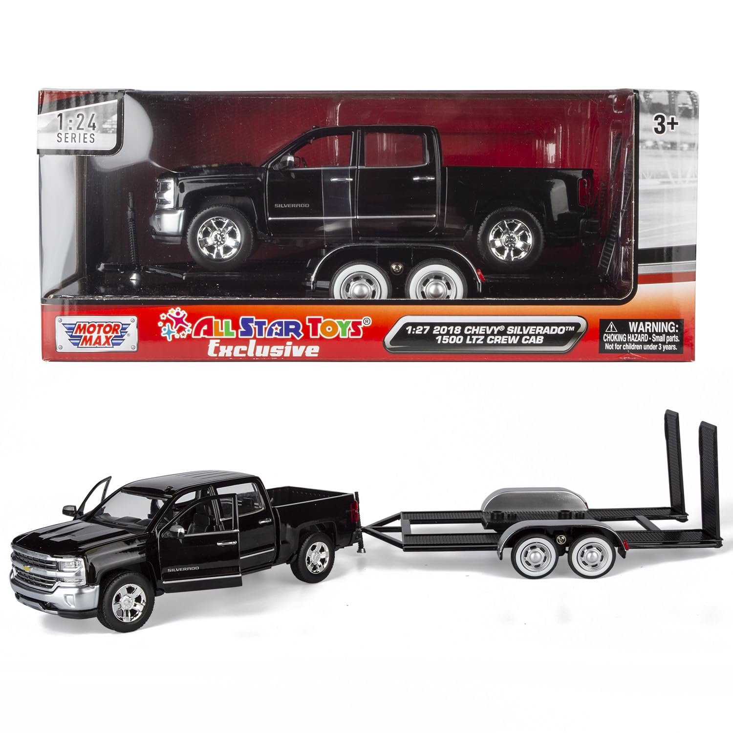 Motormax 2018 Chevy Silverado 1500 LTZ Crew Cab Pickup Truck with a Car Hauler, Truck & Tow Trailer Combo, 1/27 Scale Diecast Model, Black, All Star