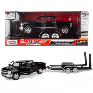 Motormax 2018 Chevy Silverado 1500 LTZ Crew Cab Pickup Truck with a Car Hauler, Truck & Tow Trailer Combo, 1/27 Scale Diecast Model, Black, All Star
