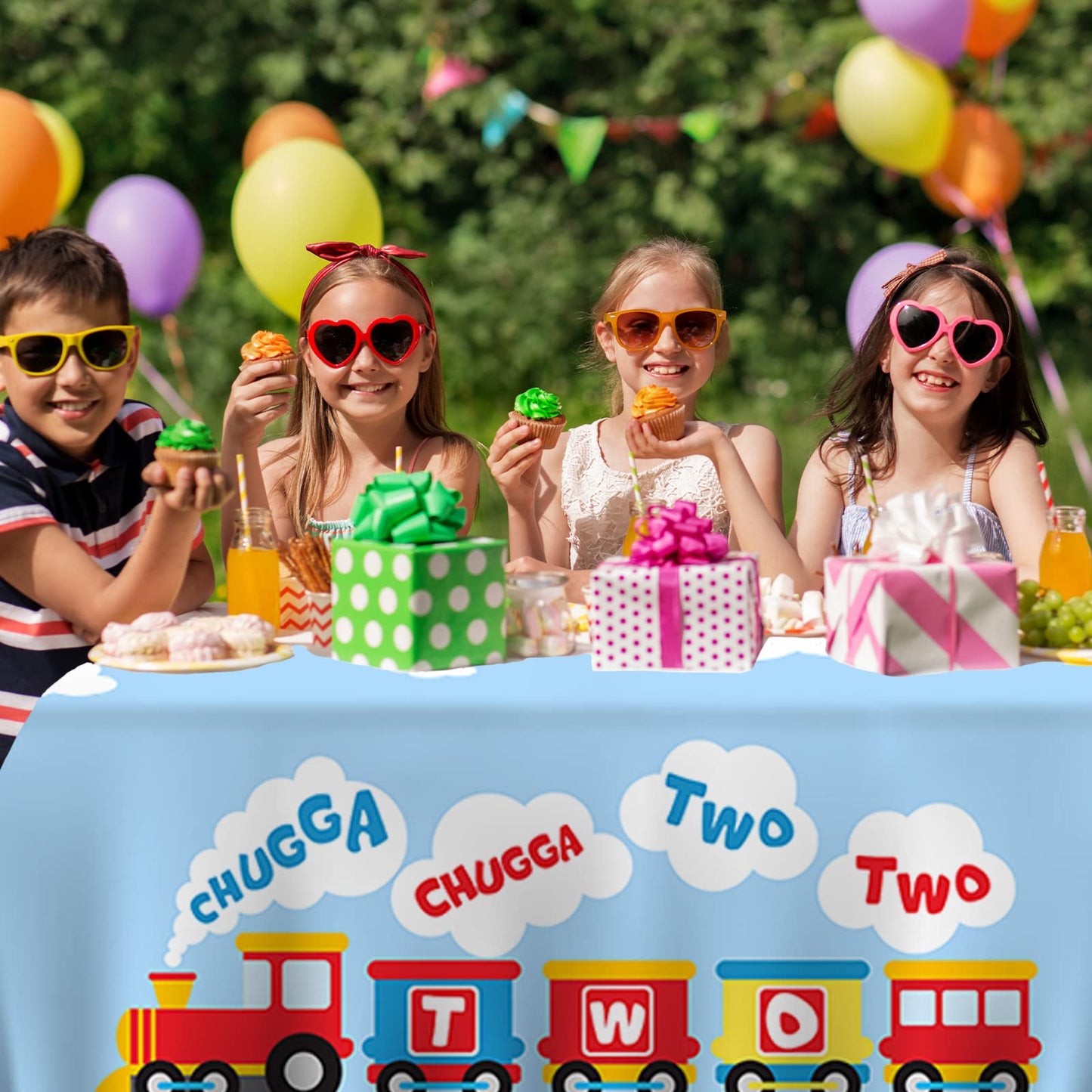 GZBJMYGS Chugga Chugga Two Two Tablecloth Happy Birthday Train Theme Suitable for Children of Any Age Indoor Outdoor Party Supplies Picnic Camping
