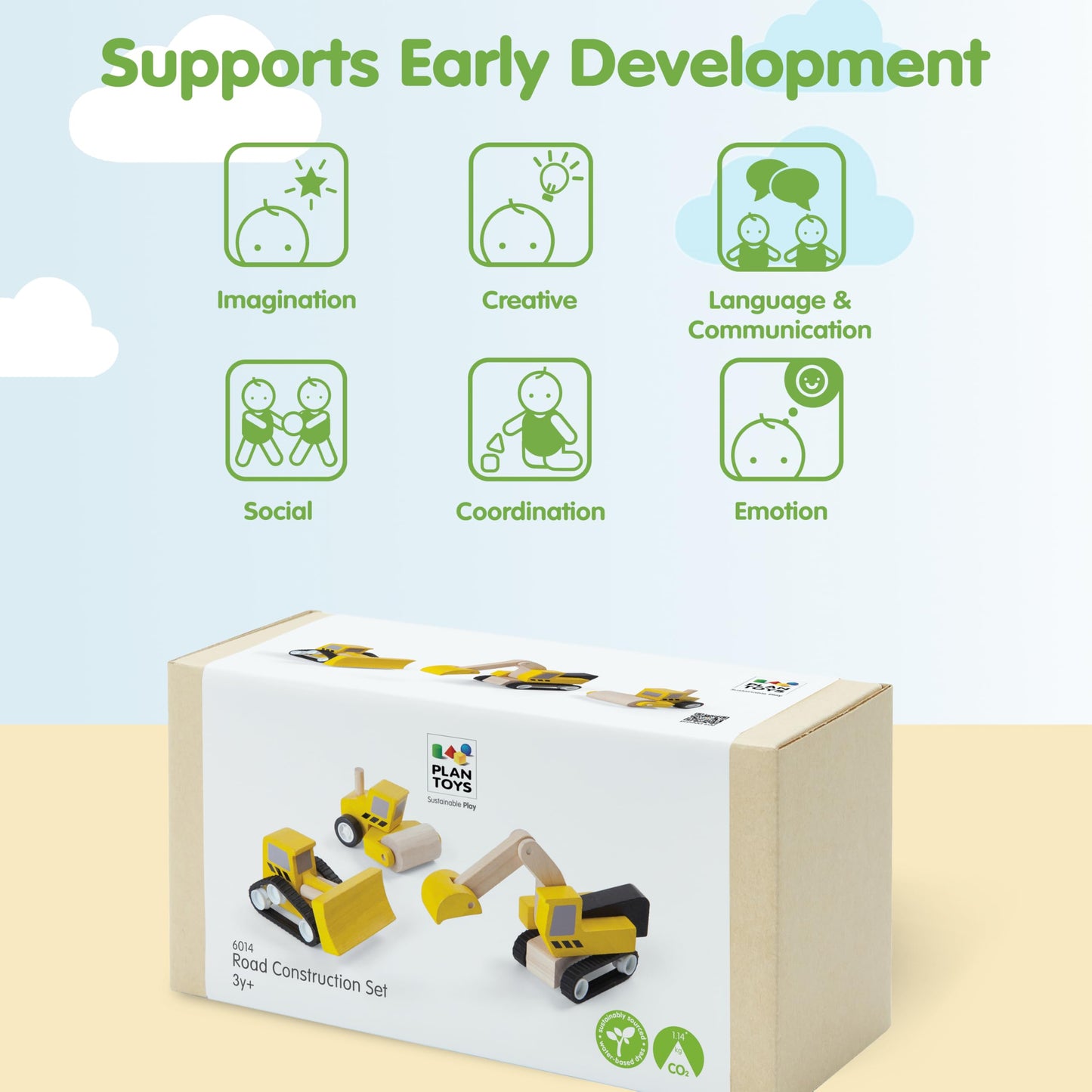 PlanToys® Road Construction Set Wooden Montessori Imaginative and Fine Motor Play Toy | Coordination, Creativity and Social Skill Building Activity |