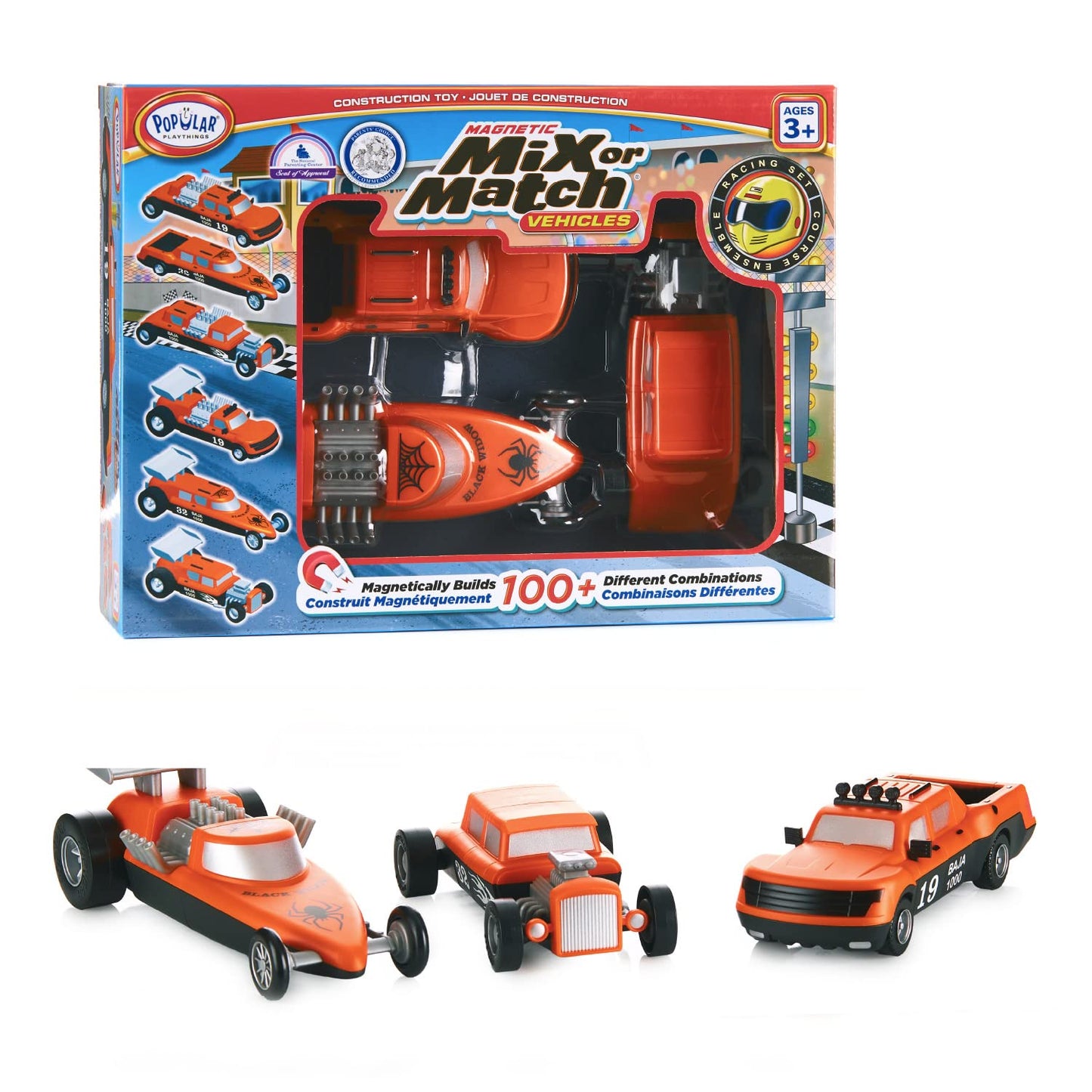 POPULAR PLAYTHINGS Magnetic Vehicles for Toddlers 1-3, Mix or Match Car Toys, Set of 3 Gift for Kids - Race Cars