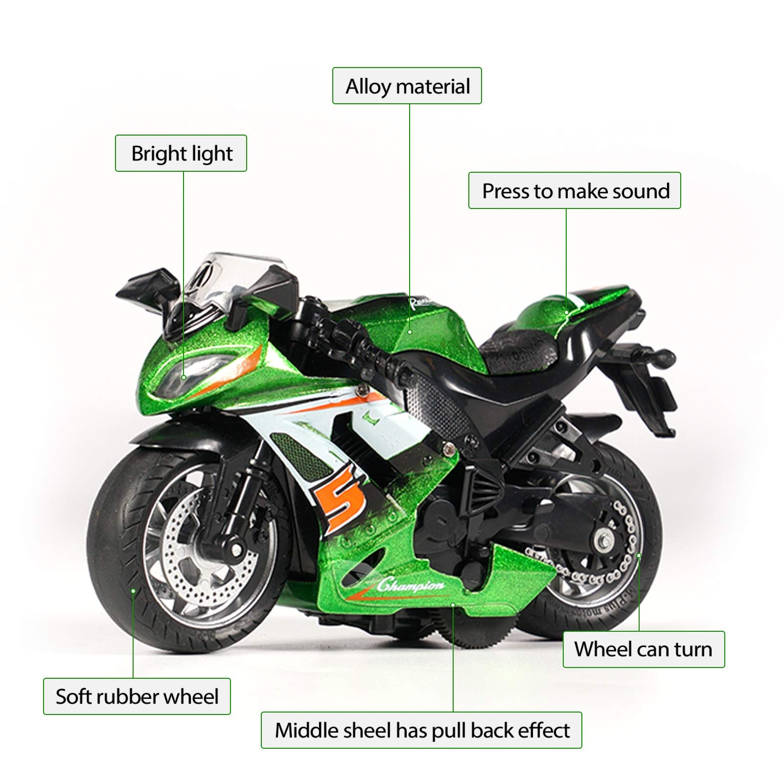 MING YING 66 Toy Motorcycle - Pull Back Toy Car with Sound and Light Toy,Toy Motorcycles for Boys,Toys for 3-9 Year Old Boys (Green)