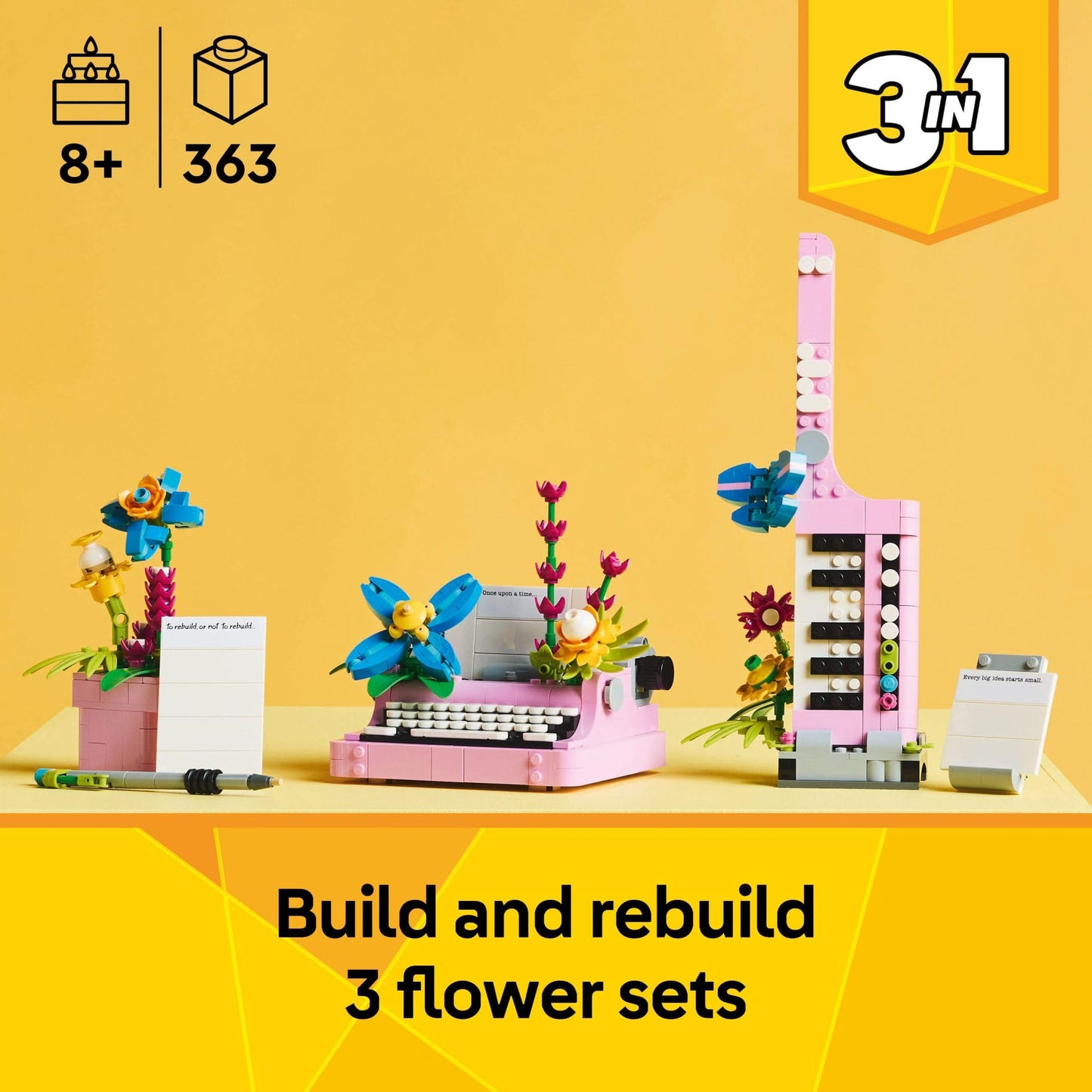LEGO Creator 3 in 1 Typewriter with Flowers - Building Toy with 3 Building Options, Typewriter, Flowerpot with Pen & Notebook, or Keytar - Gift Idea