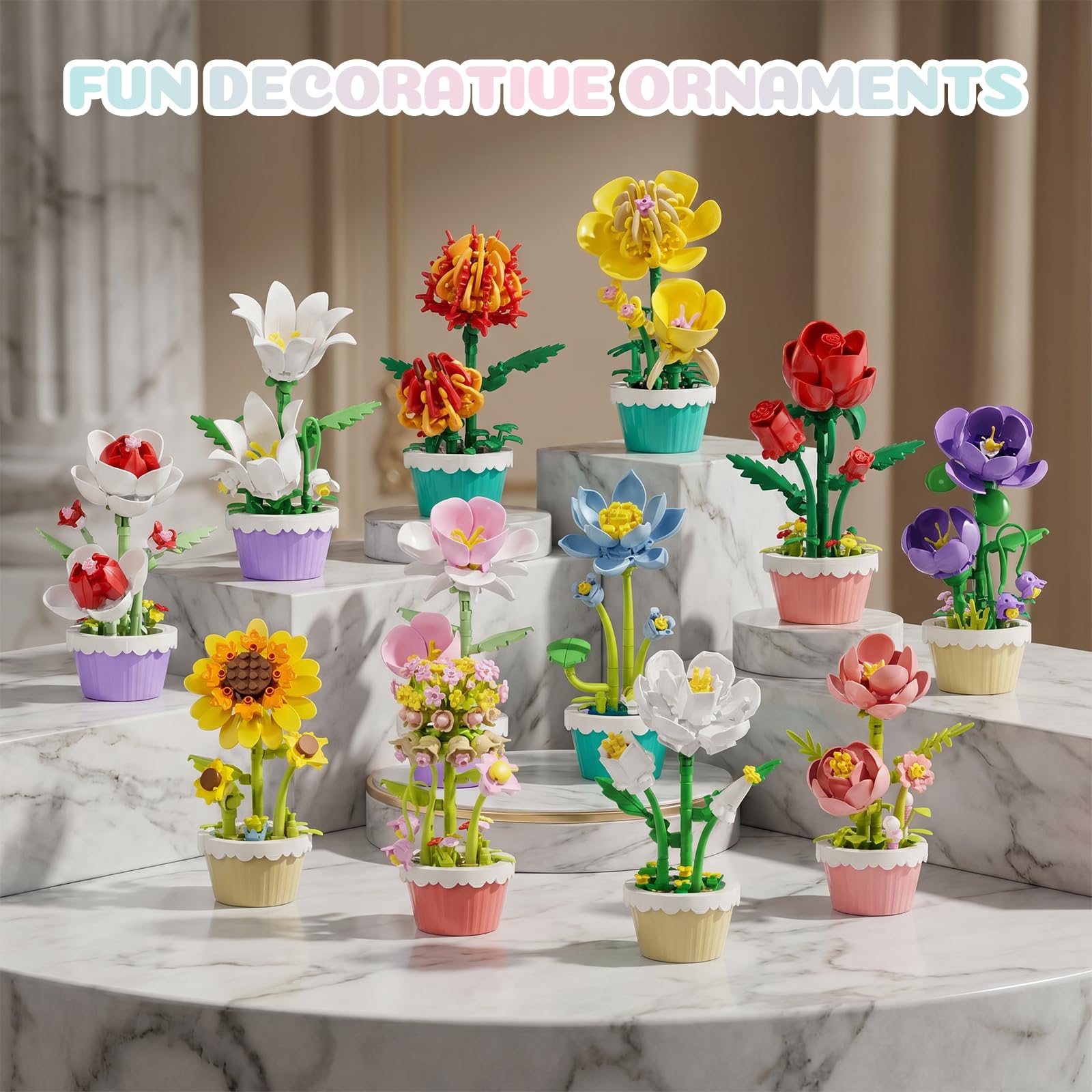 FNSJFYZS Flower Building Blocks, 12 PCS Assorted Mini Flower Pot Building Set, Artificial Flowers Botanical Collection for Home Decor, Birthday Gifts